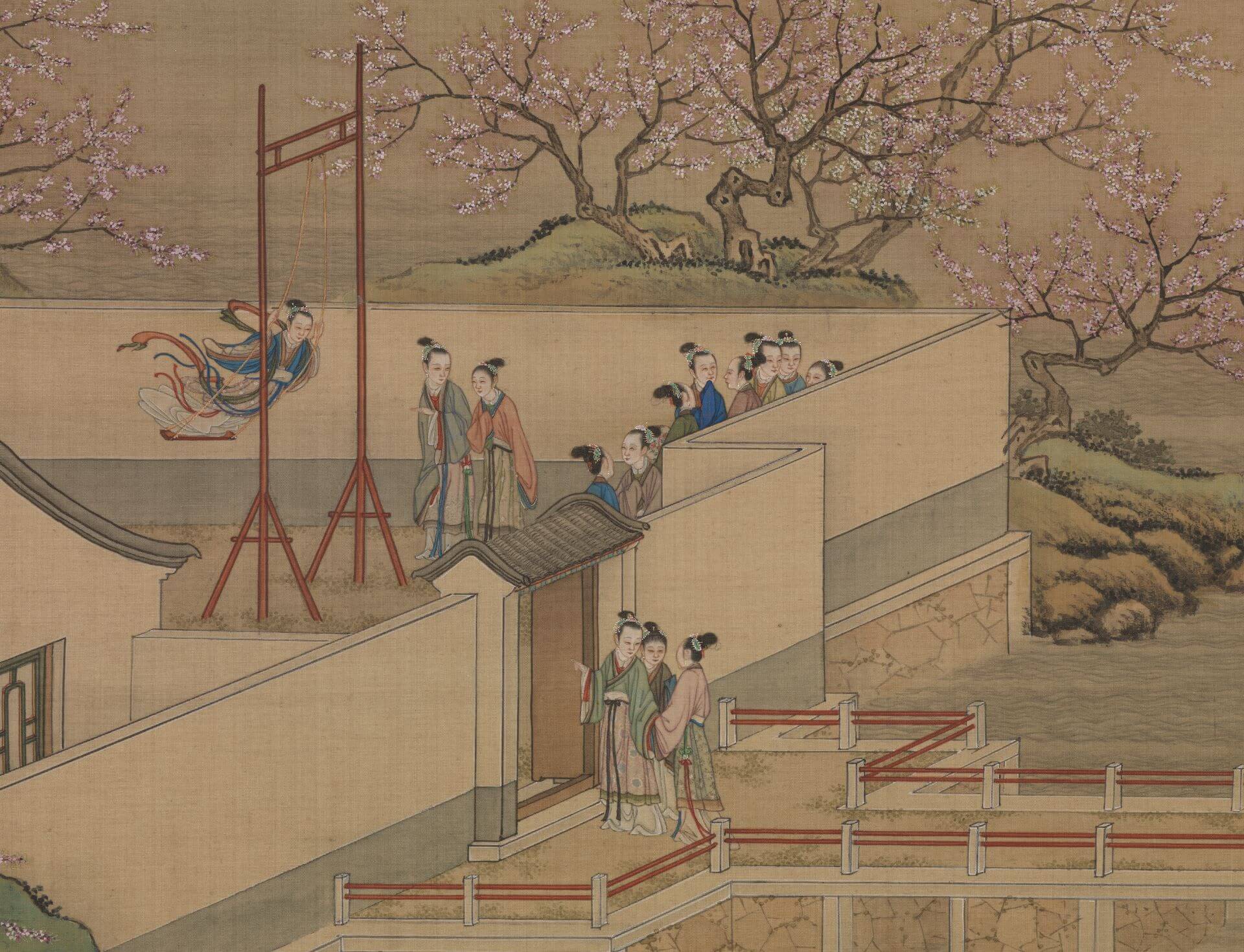 國寶 清畫院《畫十二月月令圖》二月（局部），絹本設色，175×97公分，國立故宮博物院藏。（©國立故宮博物院）