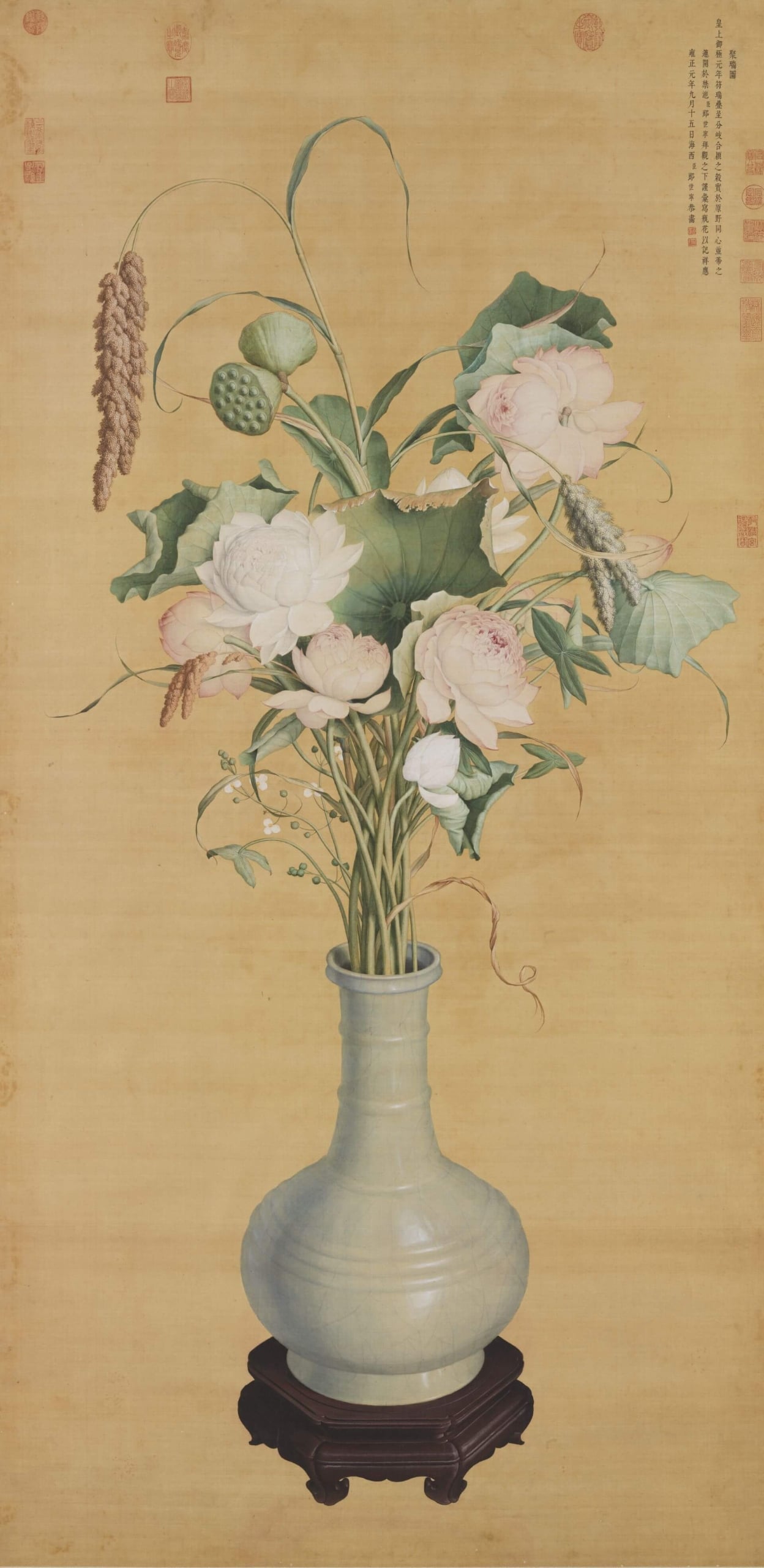 清 郎世寧《聚瑞圖》，絹本設色，173×86.1公分，國立故宮博物院藏。（©國立故宮博物院）