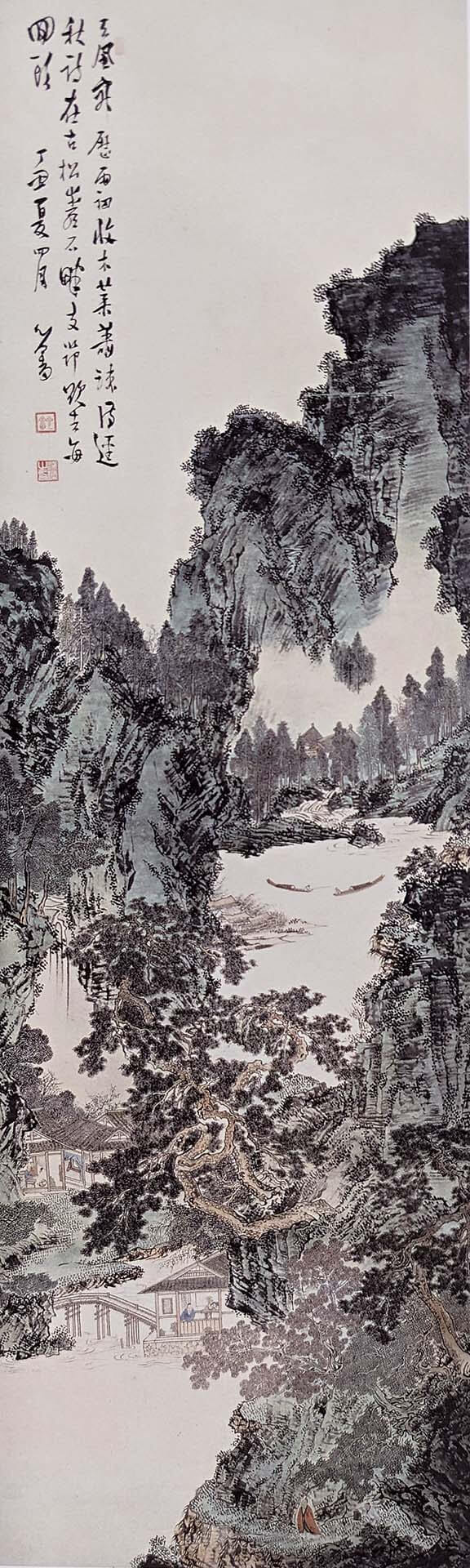 溥心畬1937年作〈松巖訪友〉，310×94公分。中國嘉德於2021年12月10日成交價人民幣3074萬5000元。（本刊資料室）