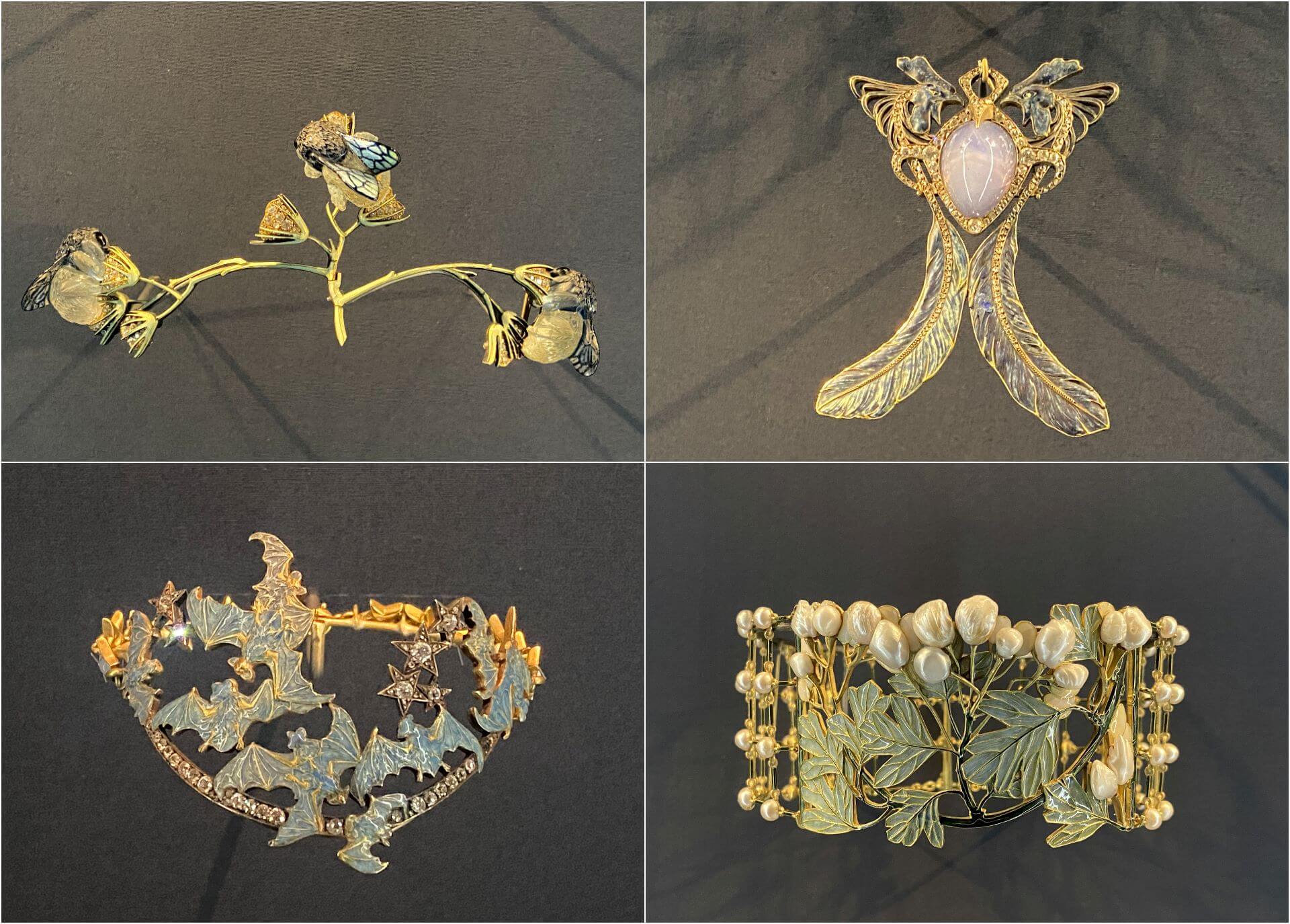 約1905-1906年珠寶,左上《大黃蜂胸飾》、右上《兩隻公雞吊墜》、左下《蝙蝠戒指》、右下《山楂項圈》。(攝影/朱佑霖)