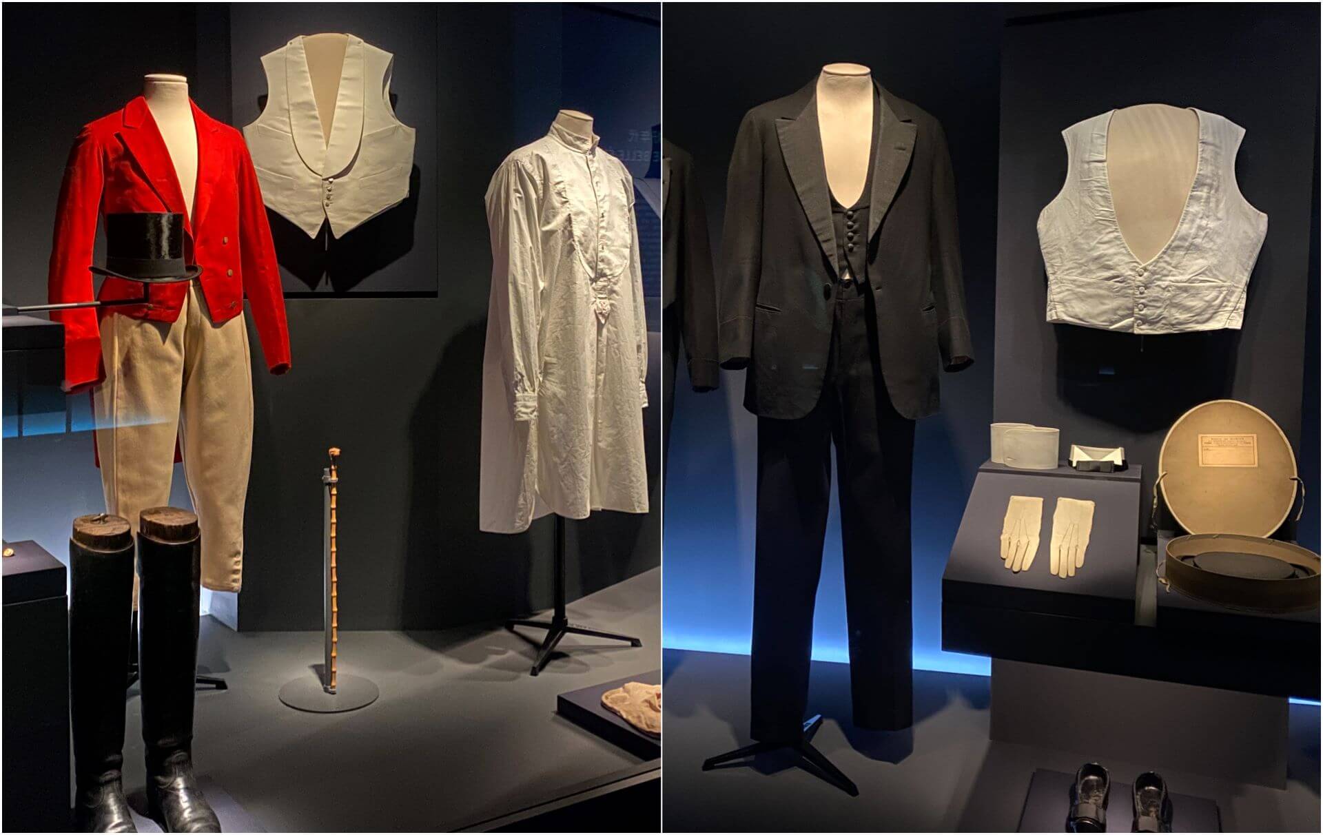 男士在白天會穿三件套禮服(左圖),背心、長外套、長褲,成為一眾男士衣櫃必備服裝,當夜幕低垂時則換上燕尾服(右圖)。(攝影/朱佑霖)