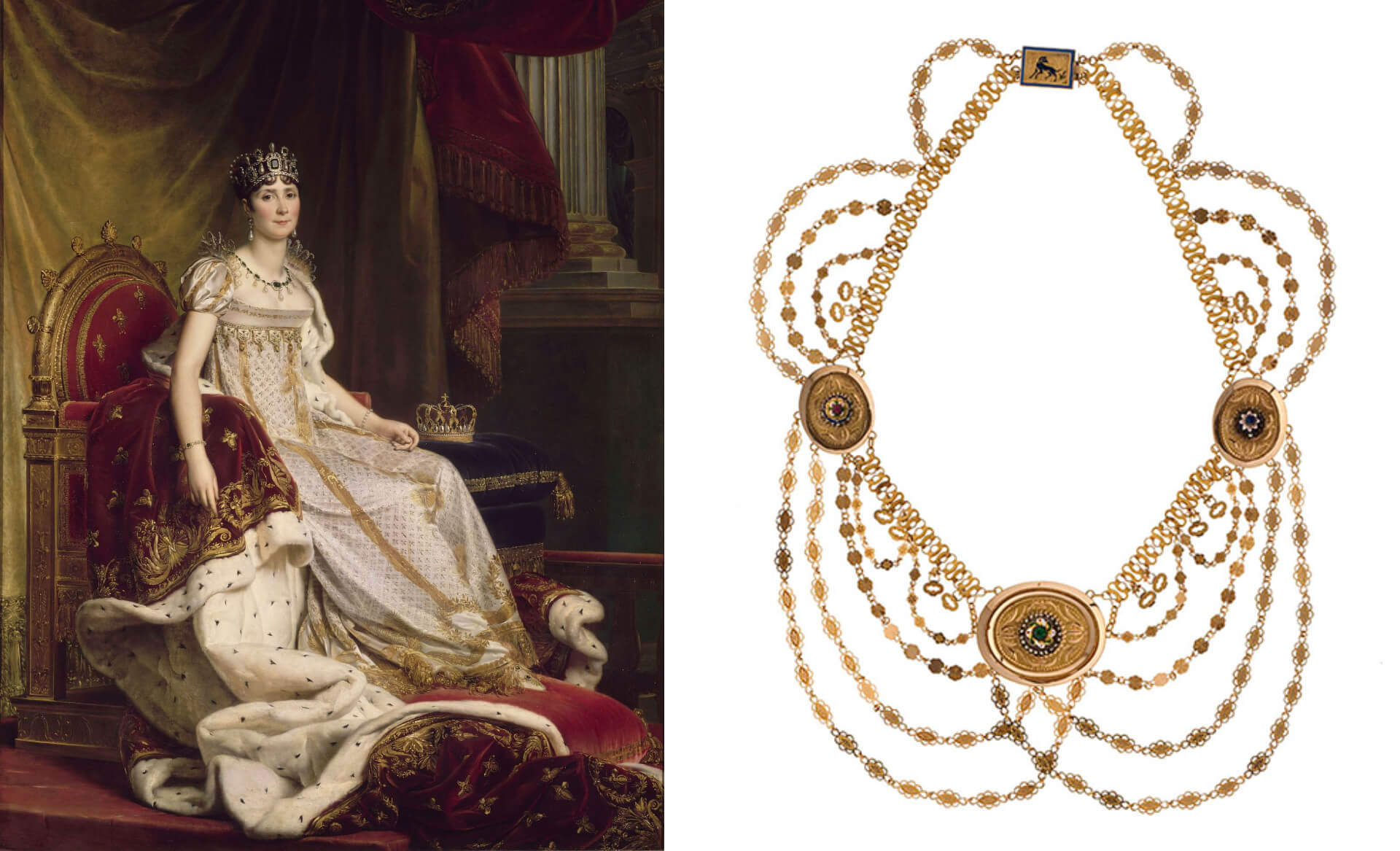 弗朗索瓦.傑哈(Baron François Gérard),《約瑟芬皇后畫像》,約1807-1808,楓丹白露宮藏。(Public Domain)三股式項鍊,法國,1809–1819,金、玻璃、琺瑯、雕刻,1901年。(©巴黎裝飾藝術博物…