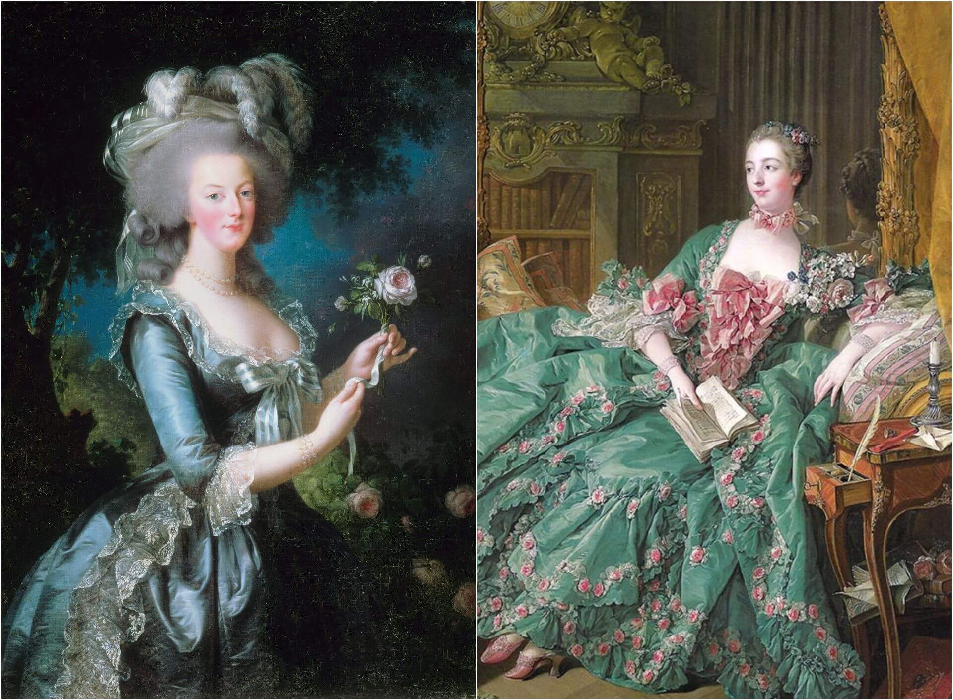 左:勒布倫(Elisabeth Vigee Le Brun)《瑪麗.安托瓦內特王后與玫瑰》,1783,油彩畫布,130×87公分,巴黎凡爾賽宮藏。(Public Domain)。右:布雪(François Boucher),《龐巴度夫人肖像…