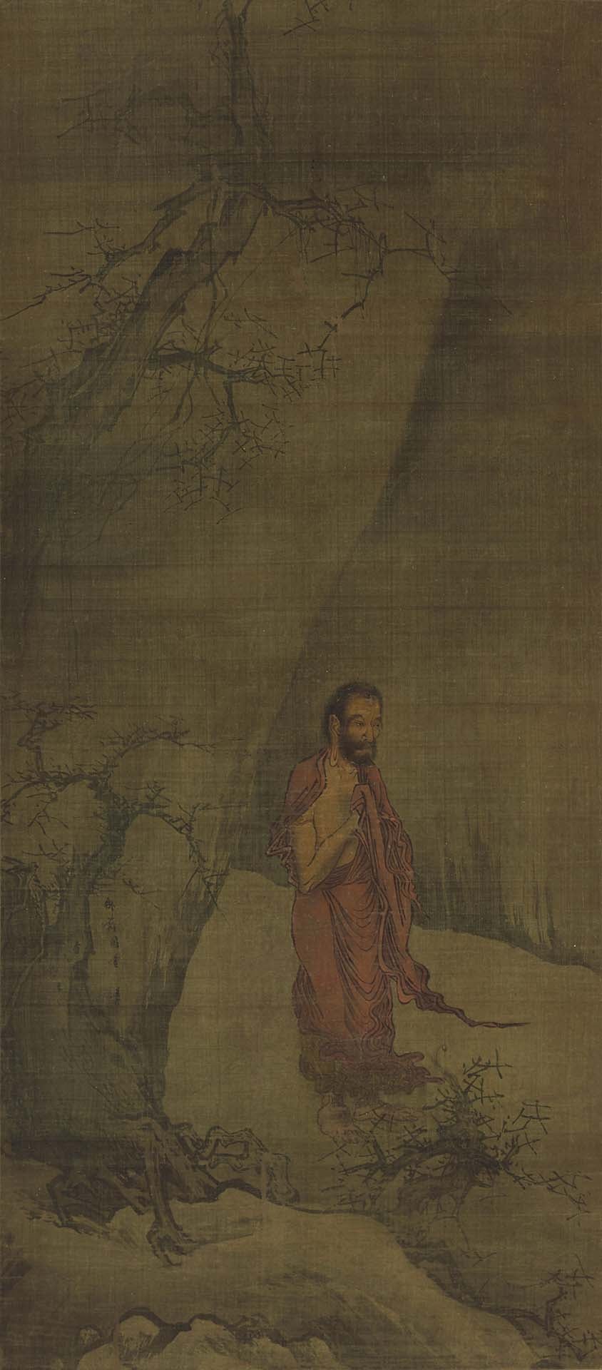 國寶 南宋 梁楷〈出山釋迦圖〉，絹本水墨淡彩，117.6×52公分，東京國立博物館藏。一般認為即〈御物御畫目錄〉中記載的「出山釋迦 梁楷」。圖取自ColBase。