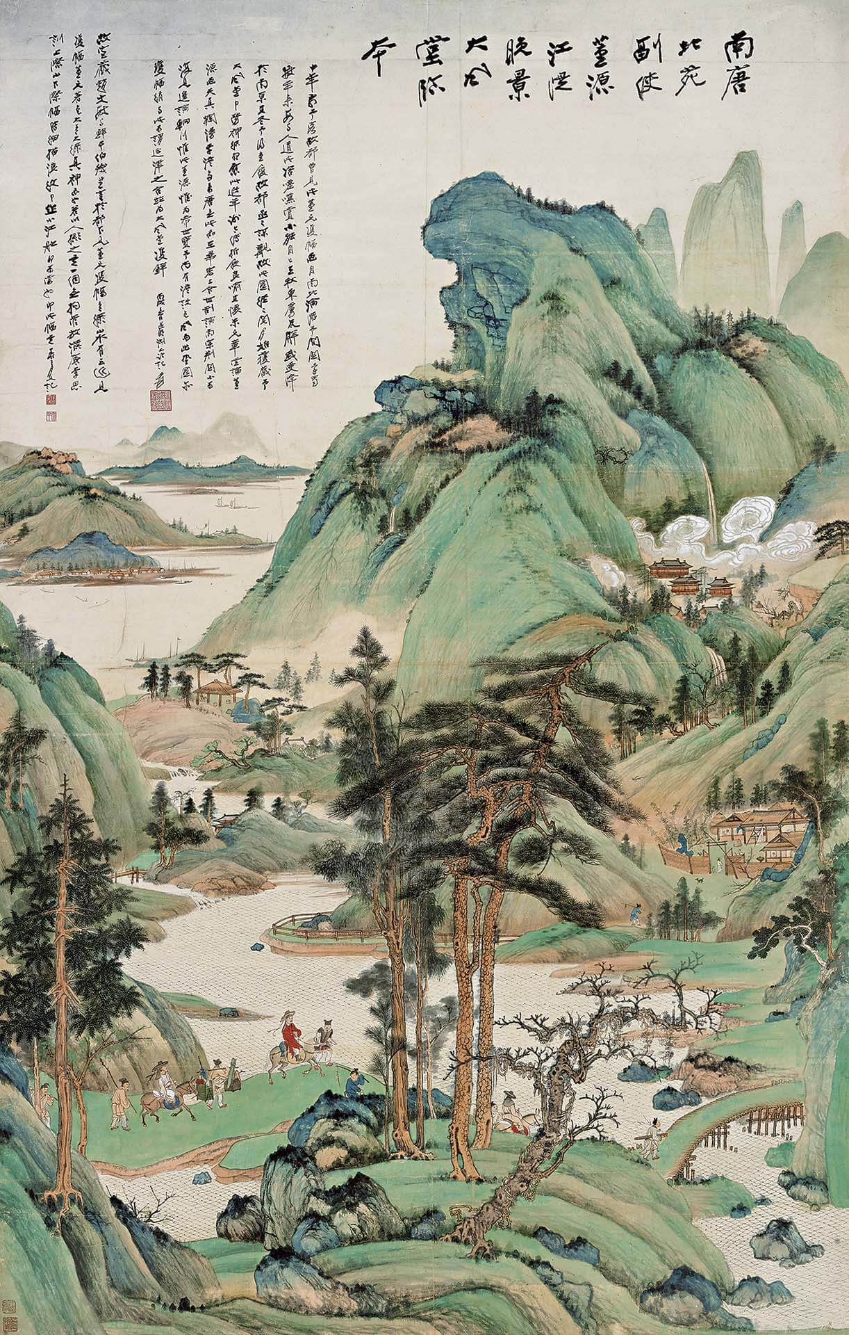 張大千1946年作〈江堤晚景〉，紙本設色，187.5×120公分。1947年「張大千近作展」售價舊幣800萬元；2017年中國嘉德成交價人民幣1億3225萬元。