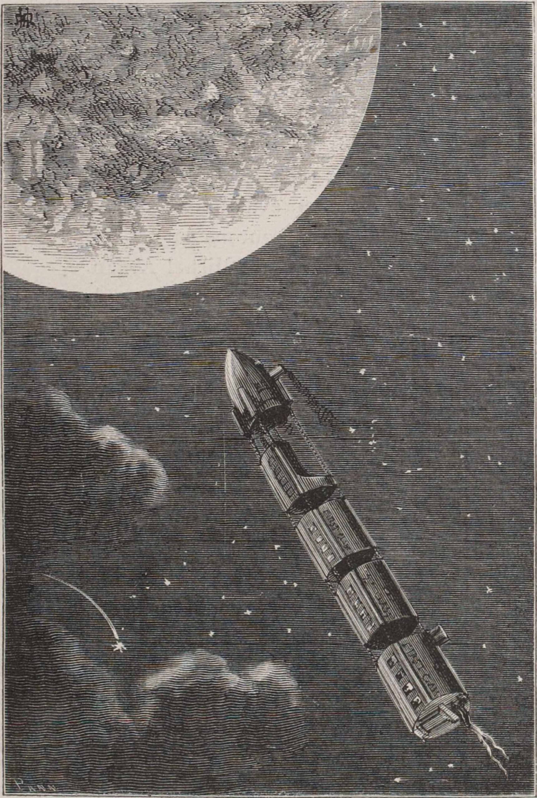 儒勒.凡爾納(Jules Verne, 1828-1905),《從地球到月球》(De la Terre à la Lune, trajet direct en 97 heures 20 minutes)中發射至太空的子彈型太空艙,版畫插圖由…