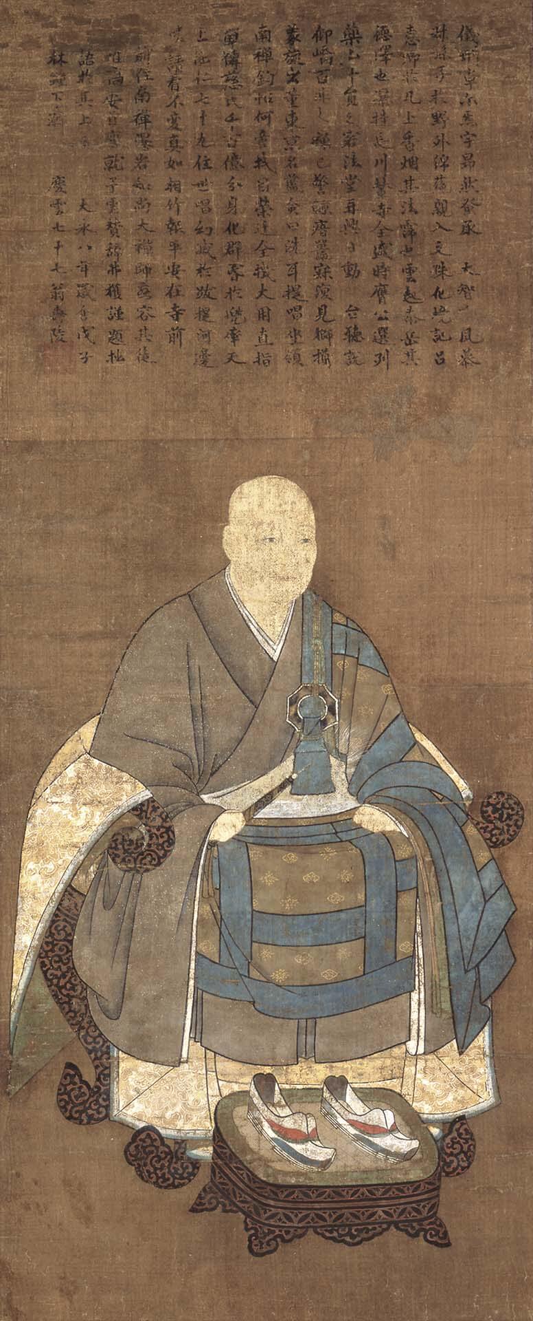 圖3 室町時代 景甫壽陵大永八年（1528）贊〈瀑岩等紳頂相〉，絹本設色，98×39.1公分，大和文華館藏。