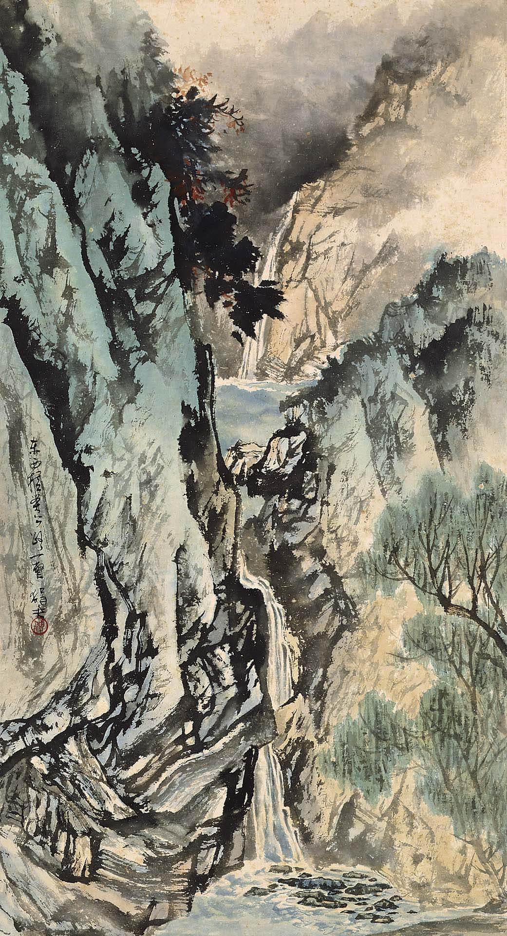 圖2 傅狷夫〈東西橫貫公路一覽〉，紙本彩墨，90×50公分，國立歷史博物館藏。