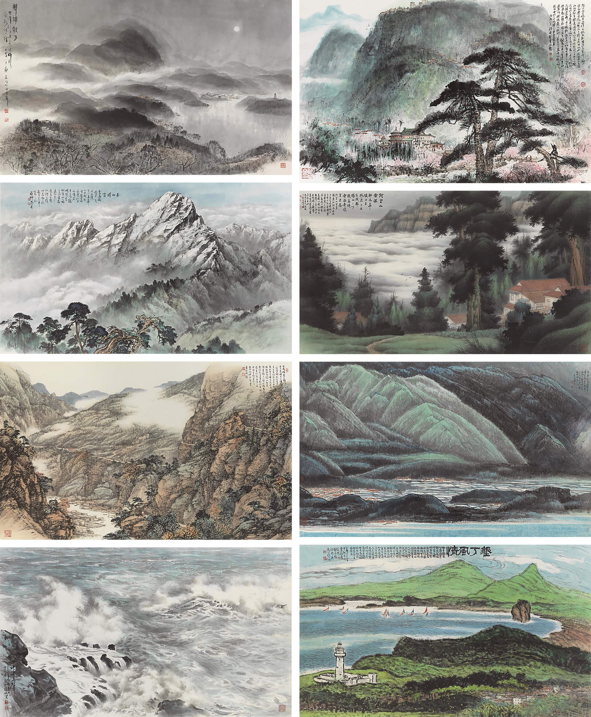 圖10 新臺灣八景，右排上起：江明賢〈陽明春色〉、王友俊〈阿里山雲海〉、李義弘〈花東縱谷〉、鄭善禧與盧福壽合作〈墾丁風情〉；左排上起：蔡友〈雙潭秋月〉、蘇峯男〈玉山積雪〉、周澄〈魯閣幽峽〉、羅振賢〈北濱濤聲〉，國立歷史博物館藏。
