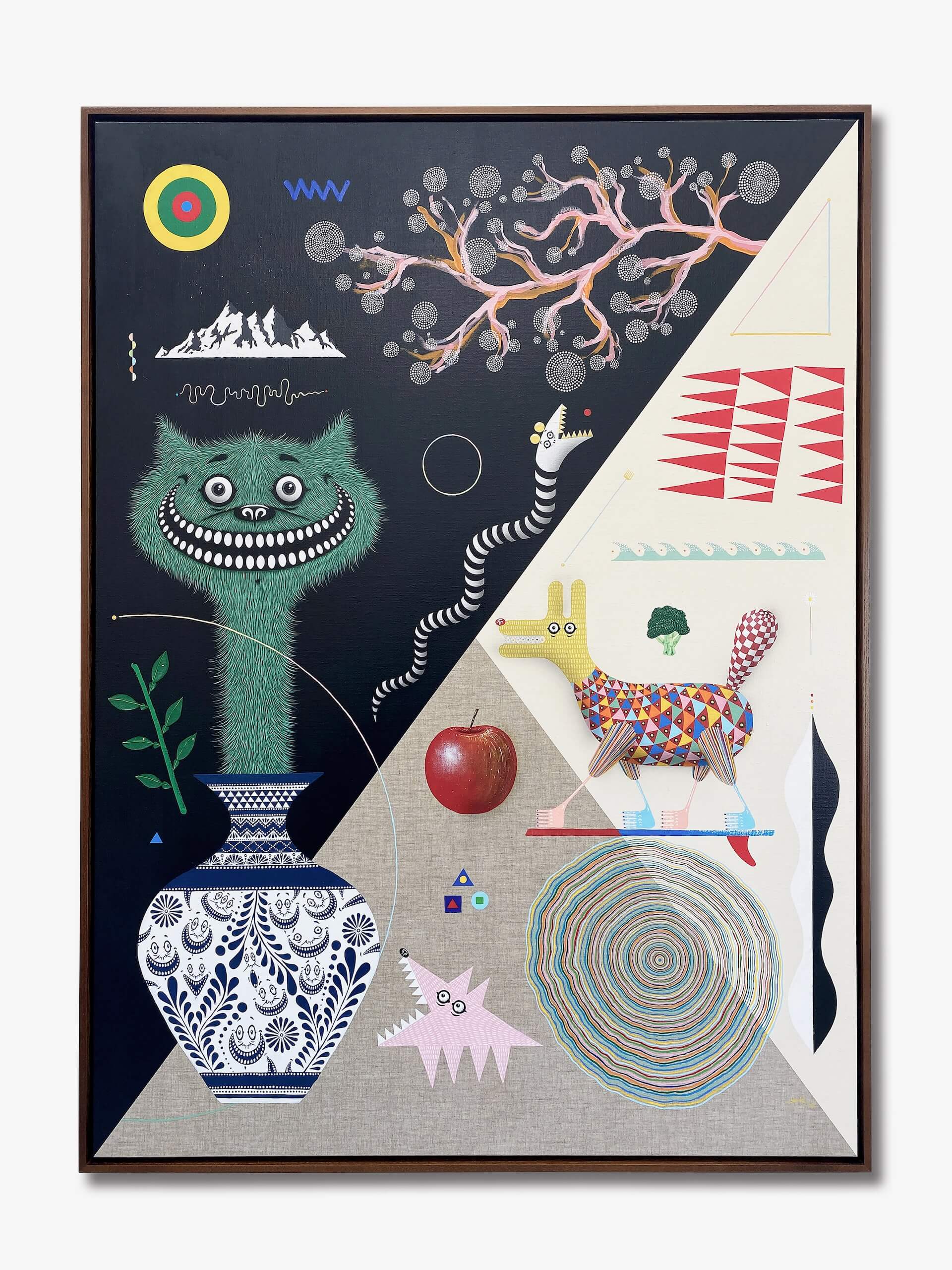 Yoshi47，《Forbidden fruit, Talavera, and Vermin》，2023，Acrylic and water-based resin on linen canvas， 120×94×4.5cm。（Artemi…