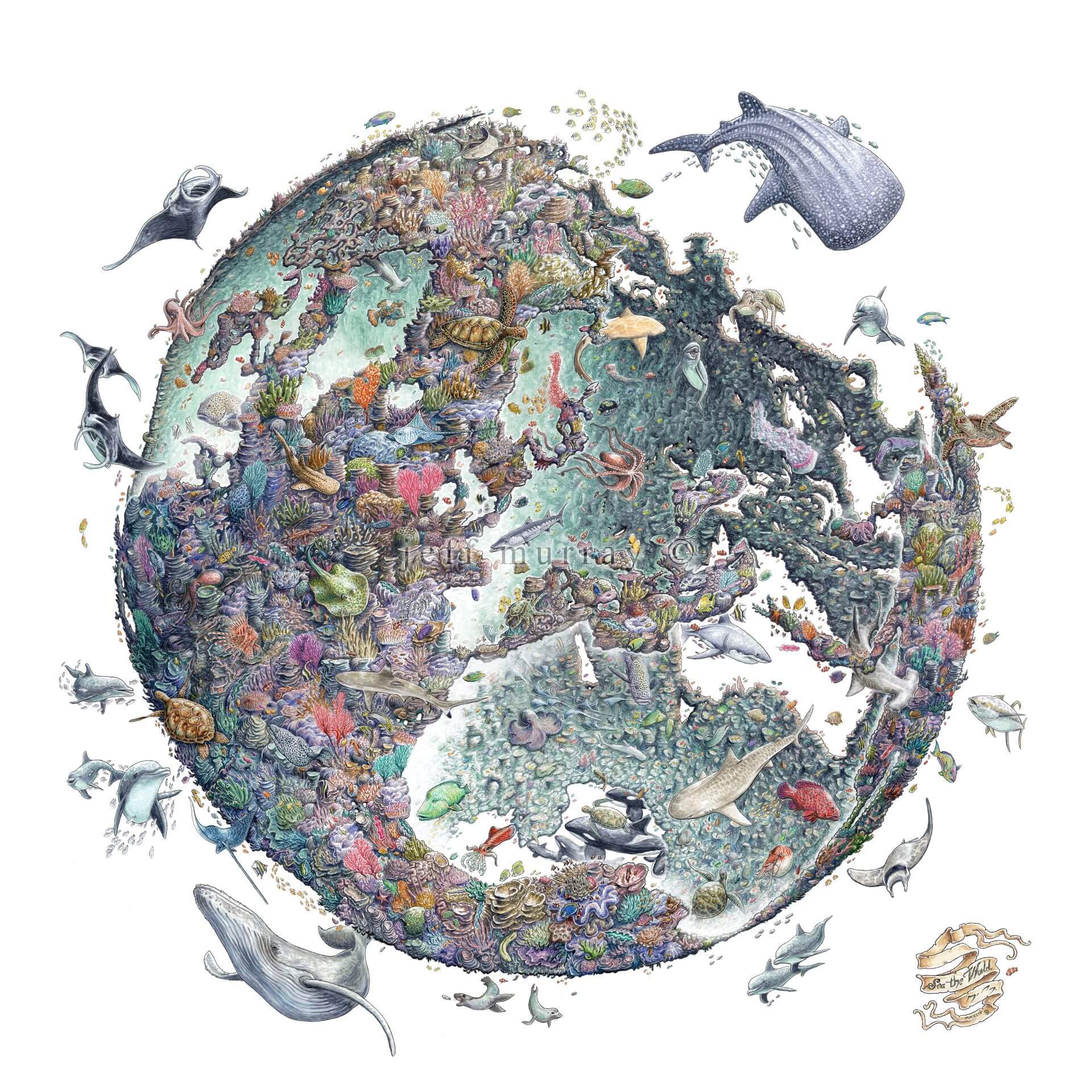 〈Sea the World〉，Jeff Murray，2024，76 x 76 cm (30 x 30 inches)，Pen and Ink on Canvas。（WHATZ國際當代藝術博覽會提供）