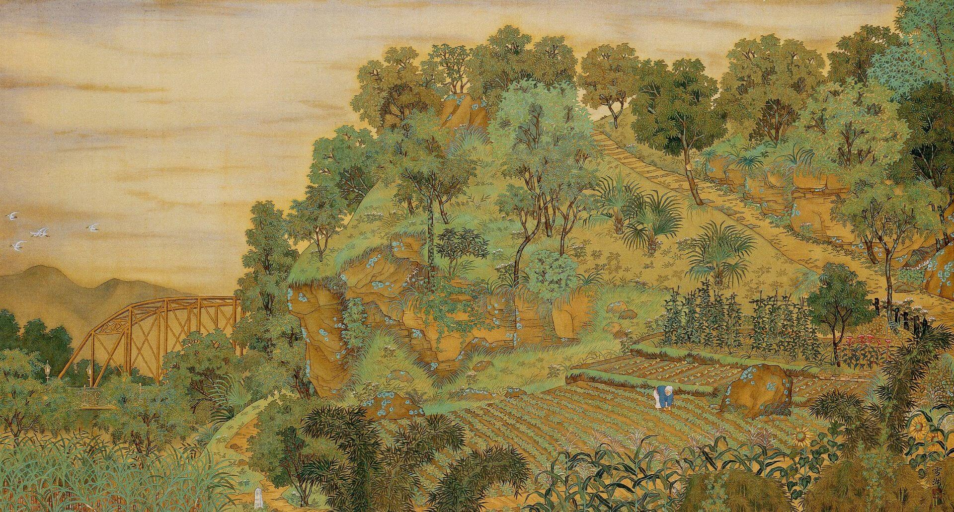 郭雪湖,《圓山附近》,絹本設色,1928,臺北市立美術館藏。(《台灣製造.製造台灣:台北市立美術館典藏展》)