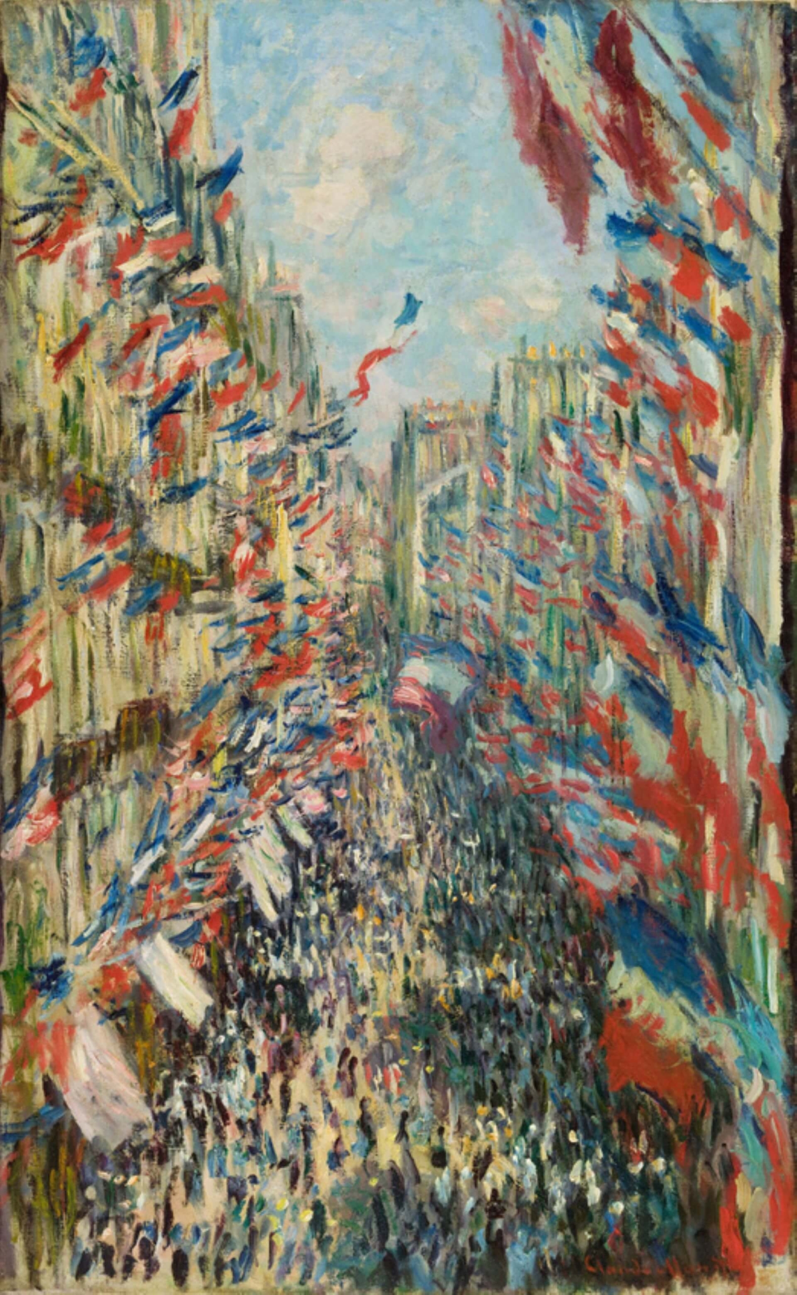 莫內《巴黎蒙托爾熱街，1878年6月30日慶典》，81×50公分，1878，奧賽美術館藏。（©Musée d’Orsay, Dist. RMN-Grand Palais）