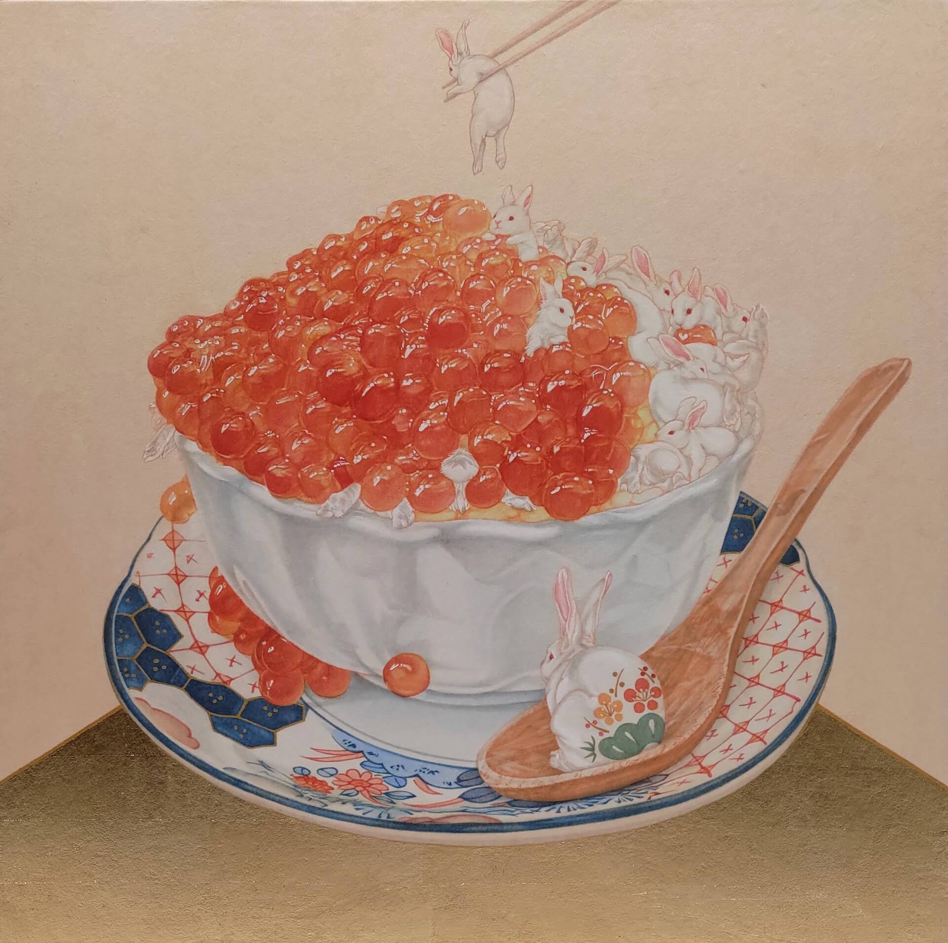 陶羽潔（YuChieh TAO），《一碗小料理》，彩墨紙本，45×45cm，2024。（乙皮畫廊提供）
