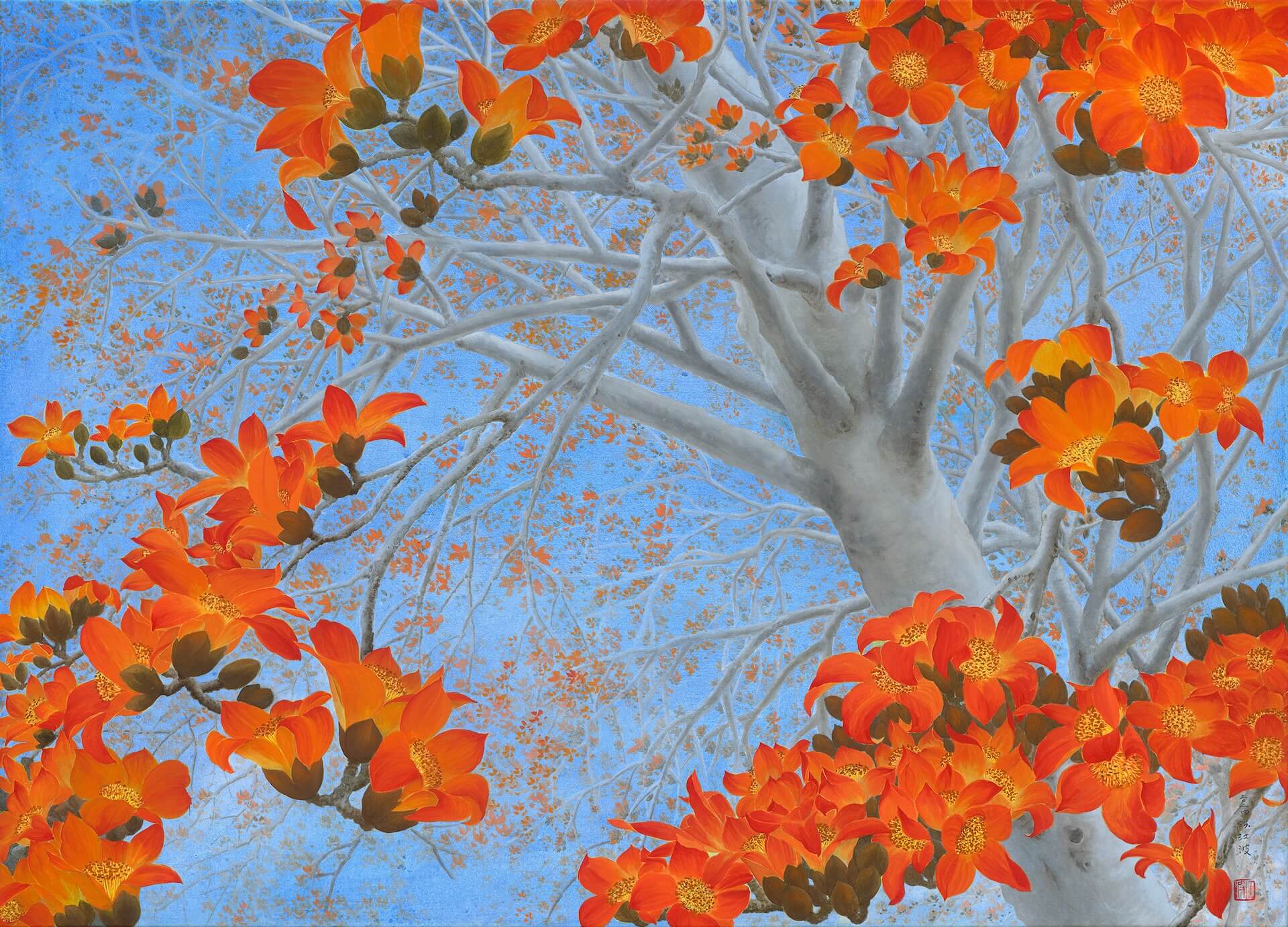 洪江波，《紅棉01》，膠彩絹布，91×65cm，2024。（敦煌藝術中心提供）