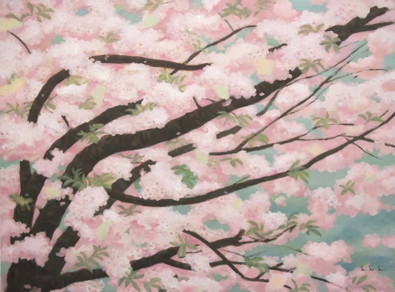 林麗玲，《櫻花》，布上油畫，130×97cm，2024。（敦煌藝術中心提供）