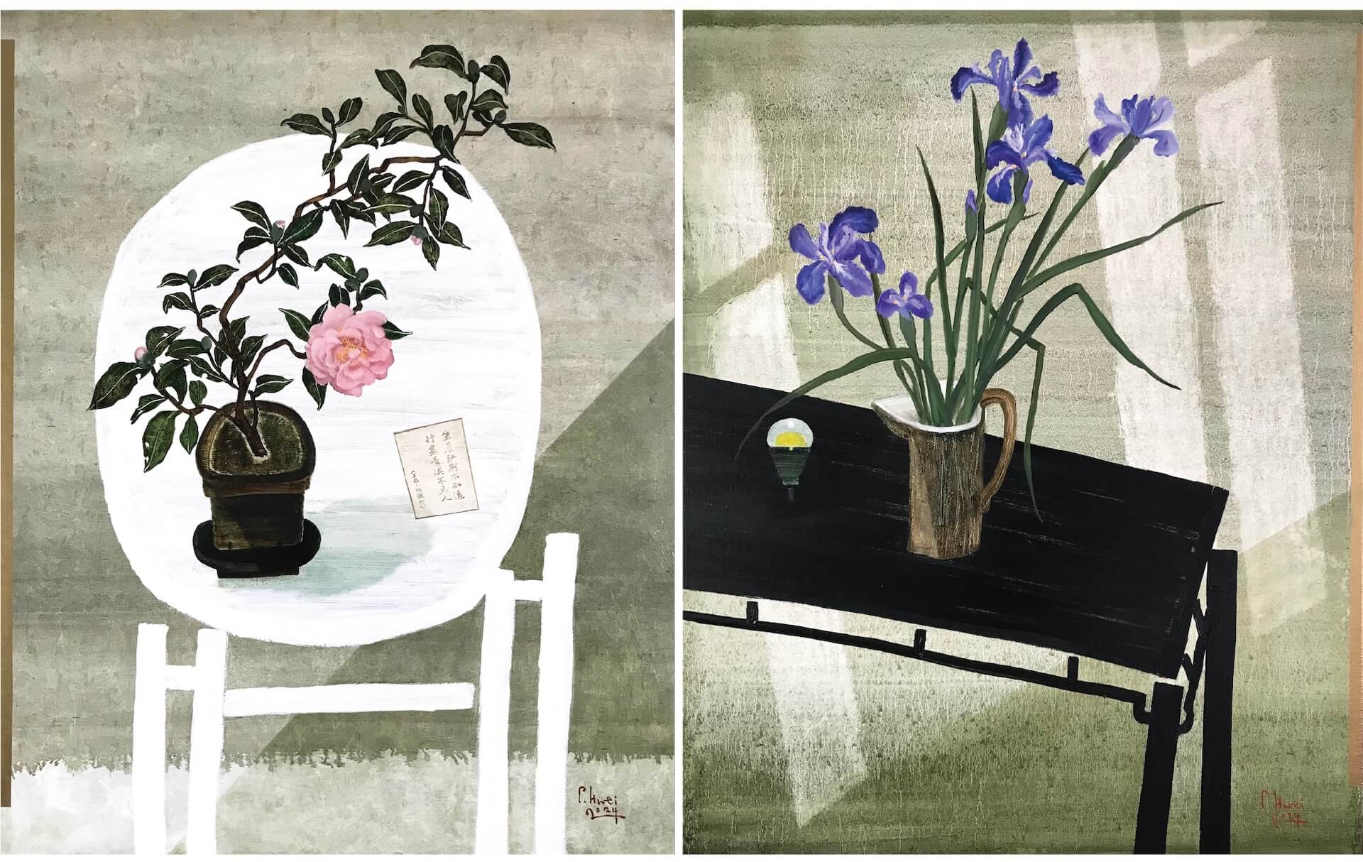 董小蕙作品：《麗日粉茶》（左），油彩畫布，81×100cm，2024。《靜日晨曦-鳶尾花》（右），油彩畫布，81×100cm，2024。（敦煌藝術中心提供）