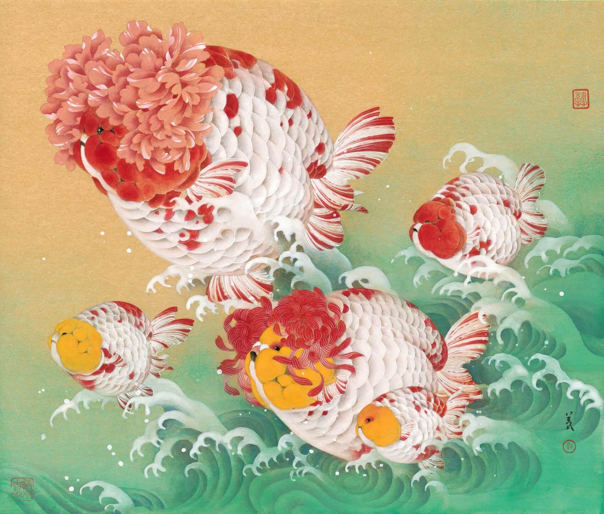 郭羲，《五福臨門》，膠彩金箋紙本，53×45.3cm，2024。（敦煌藝術中心提供）