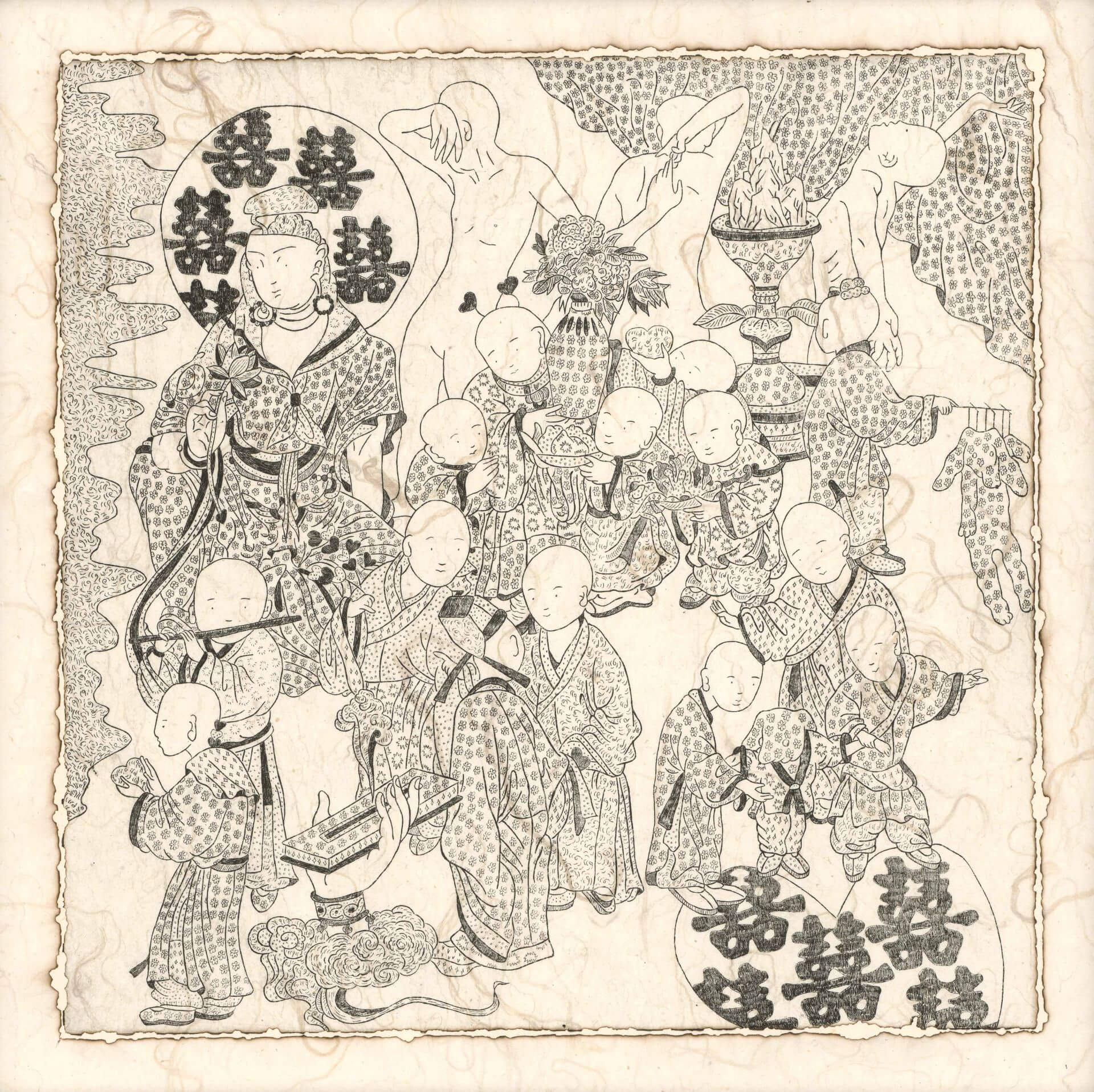 翁榛羚《幸福觀音》,銅版腐蝕、凹版墨、鳳梨宣、線香燃燒,38 × 38公分。(異雲書屋提供)