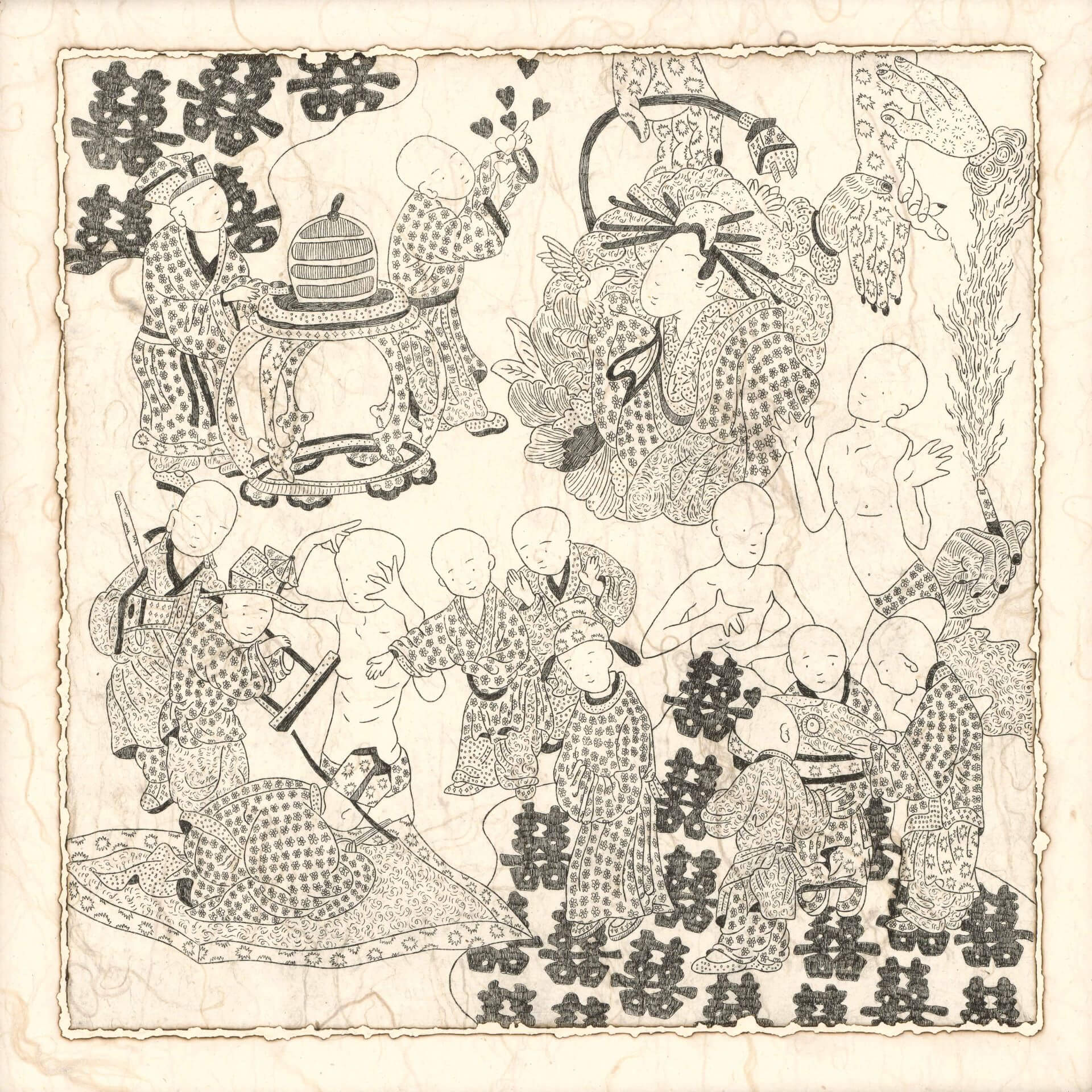 翁榛羚《藝伎之旅》,銅版腐蝕、凹版墨、鳳梨宣、線香燃燒,38 × 38公分。(異雲書屋提供)