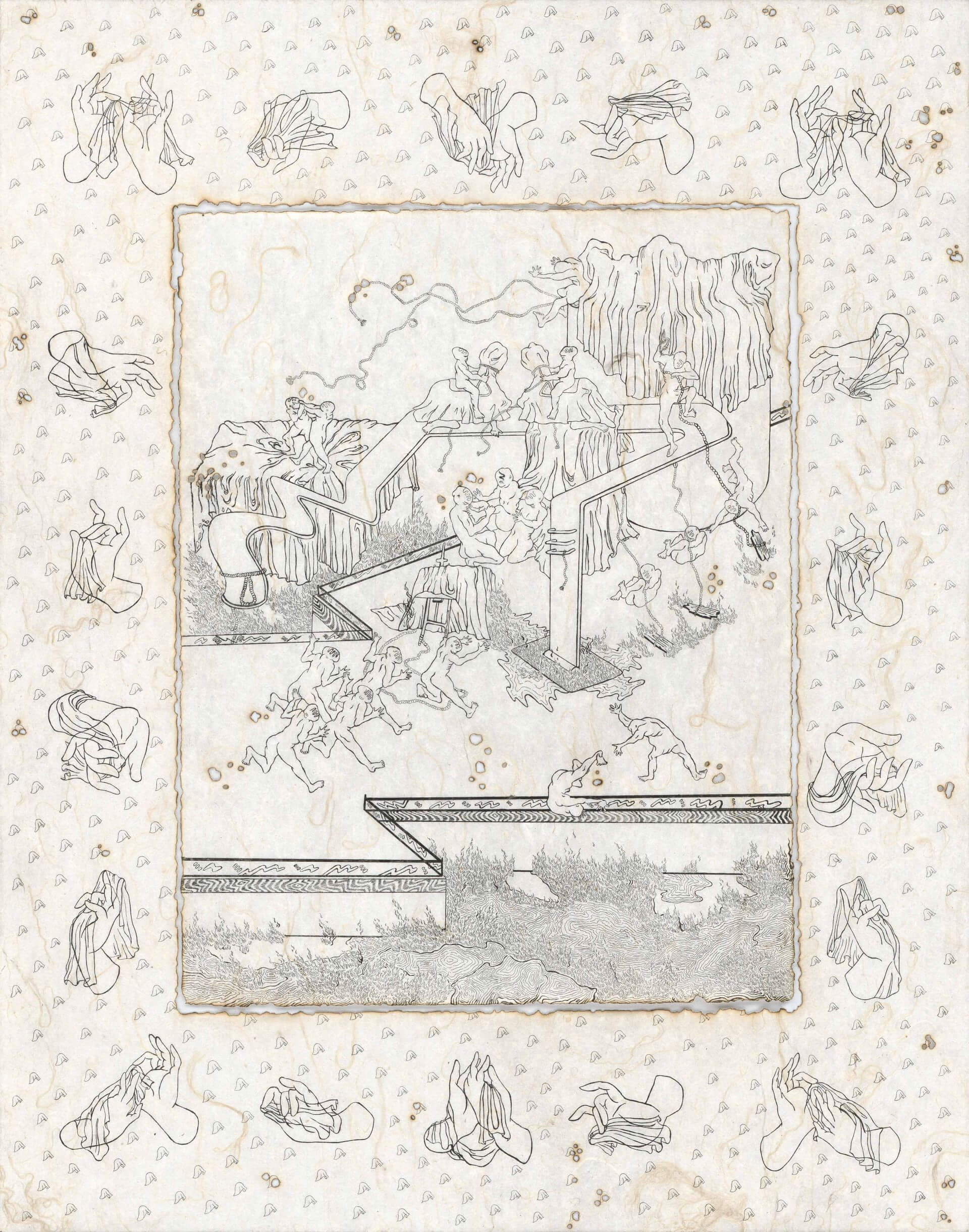 翁榛羚《日常樂園》,銅版腐蝕、凹版墨、線香燃燒、鳳梨宣,62.7 × 49.5公分。(異雲書屋提供)