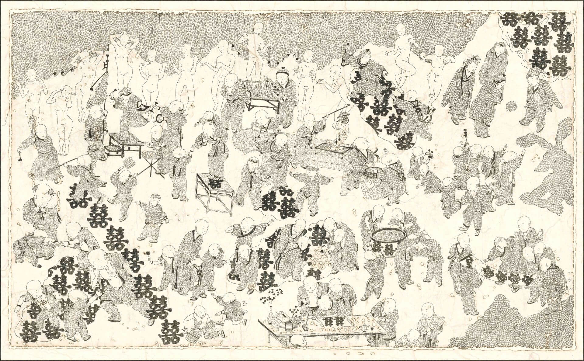 翁榛羚《百子圖》,銅版腐蝕、凹版墨、線香燃燒、鳳梨宣,64 × 103公分。(異雲書屋提供)