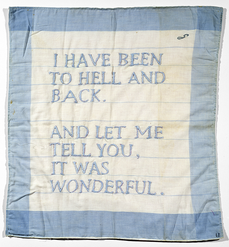 路易絲．布爾喬亞，Untitled （I Have Been to Hell and Back），Embroidery on handkerchief，49.5 x 45.7cm。攝影／Christopher Burke、© The Eas…