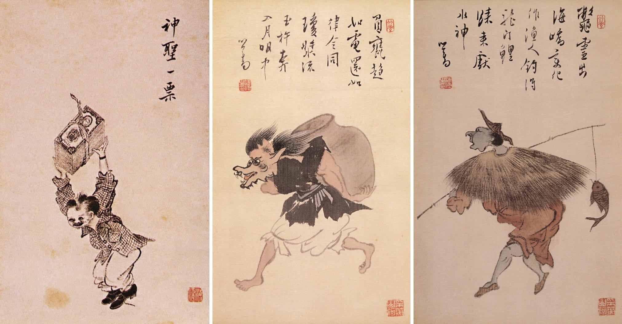 左：溥儒〈神聖一票〉；中：溥儒〈鬼趣圖〉。