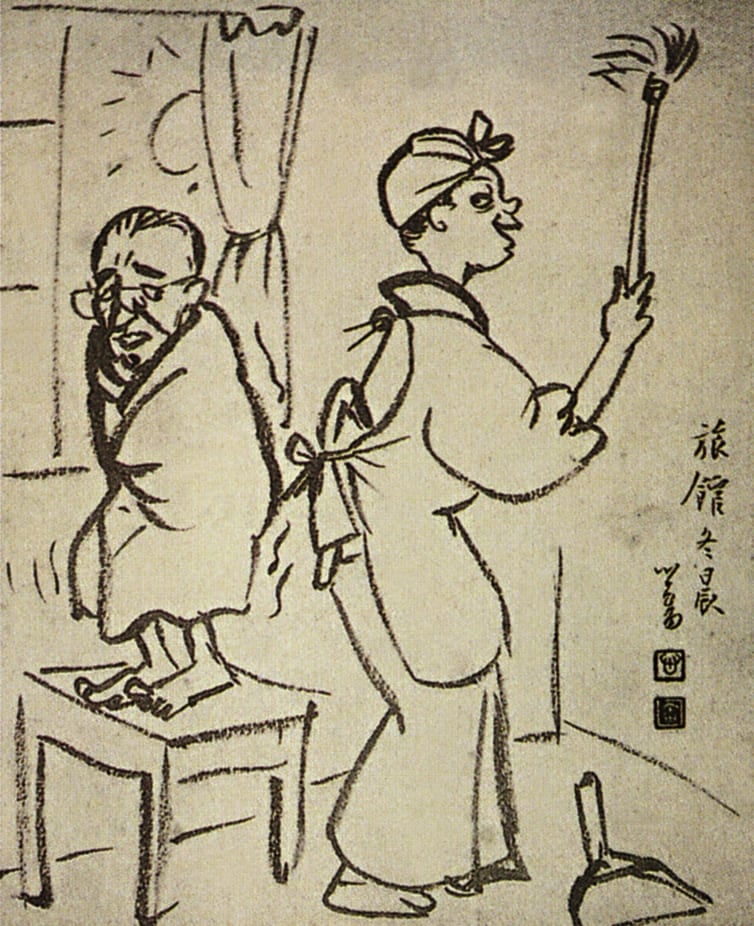 溥儒〈旅館冬晨〉。