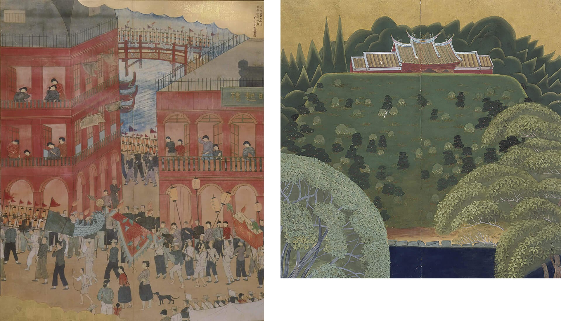左 圖13 日治時期 村上無羅1927年作〈基隆燃放水燈圖〉，絹本膠彩，199×161.7公分，國立臺灣美術館藏。攝影／李孟學。右 圖14 日治時期 村上無羅1932年作〈林泉廟丘〉，紙本膠彩，159×159公分，臺北市立美術館藏。圖／臺北…