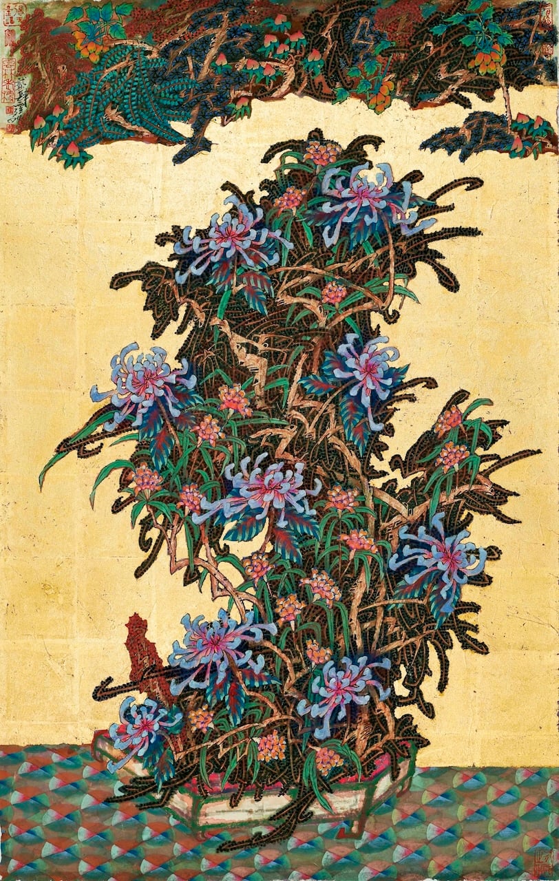 曾霆羽，《海景－好菊》，金箔、礦物、紙本設色，97×62.6cm，2024。（若木藝廊提供）