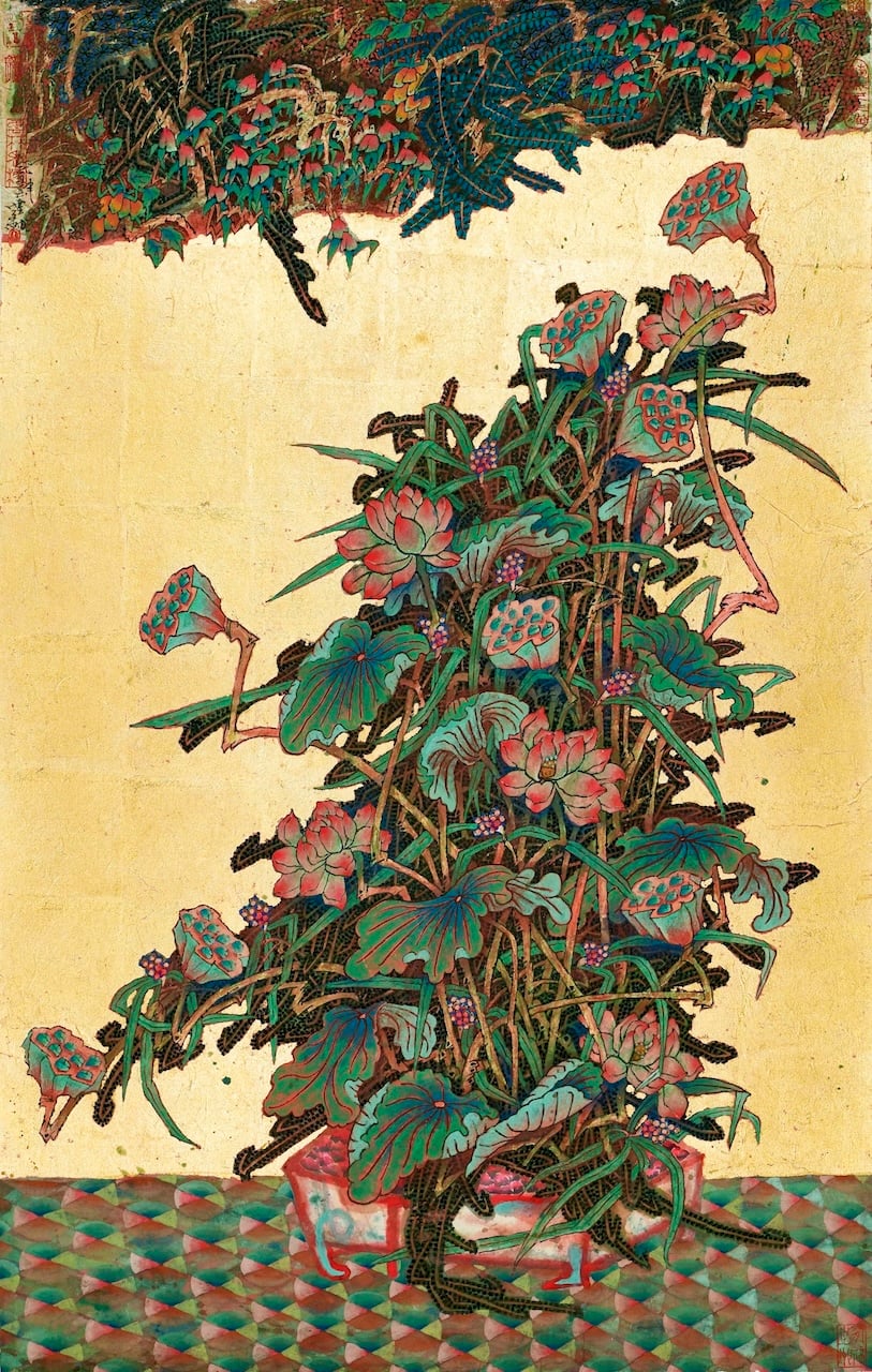 曾霆羽，《海景－蓮升》，金箔、礦物、紙本設色，97×62.6cm，2024。（若木藝廊提供）