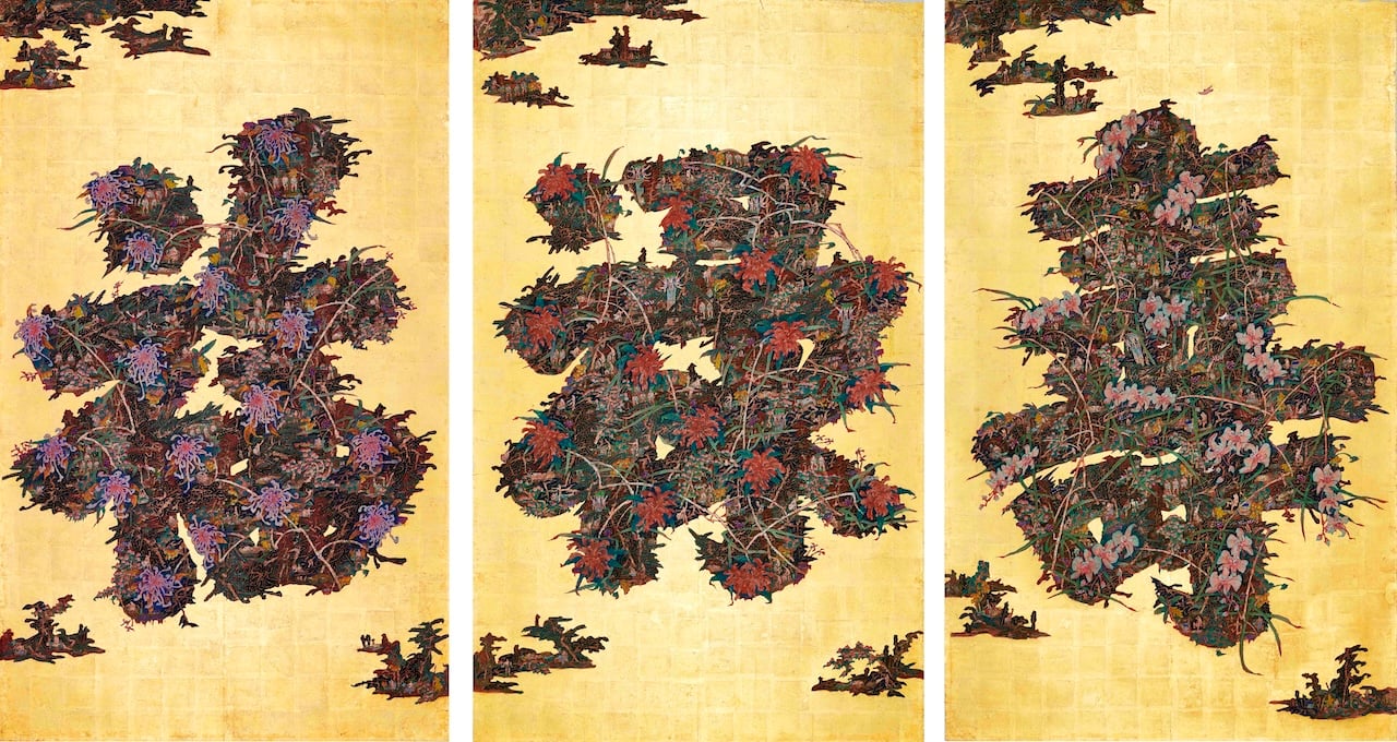 曾霆羽，《三仙島（字島－福祿壽）》，金箔、礦物、紙本設色，單件201×122.5cm，2024。（若木藝廊提供）