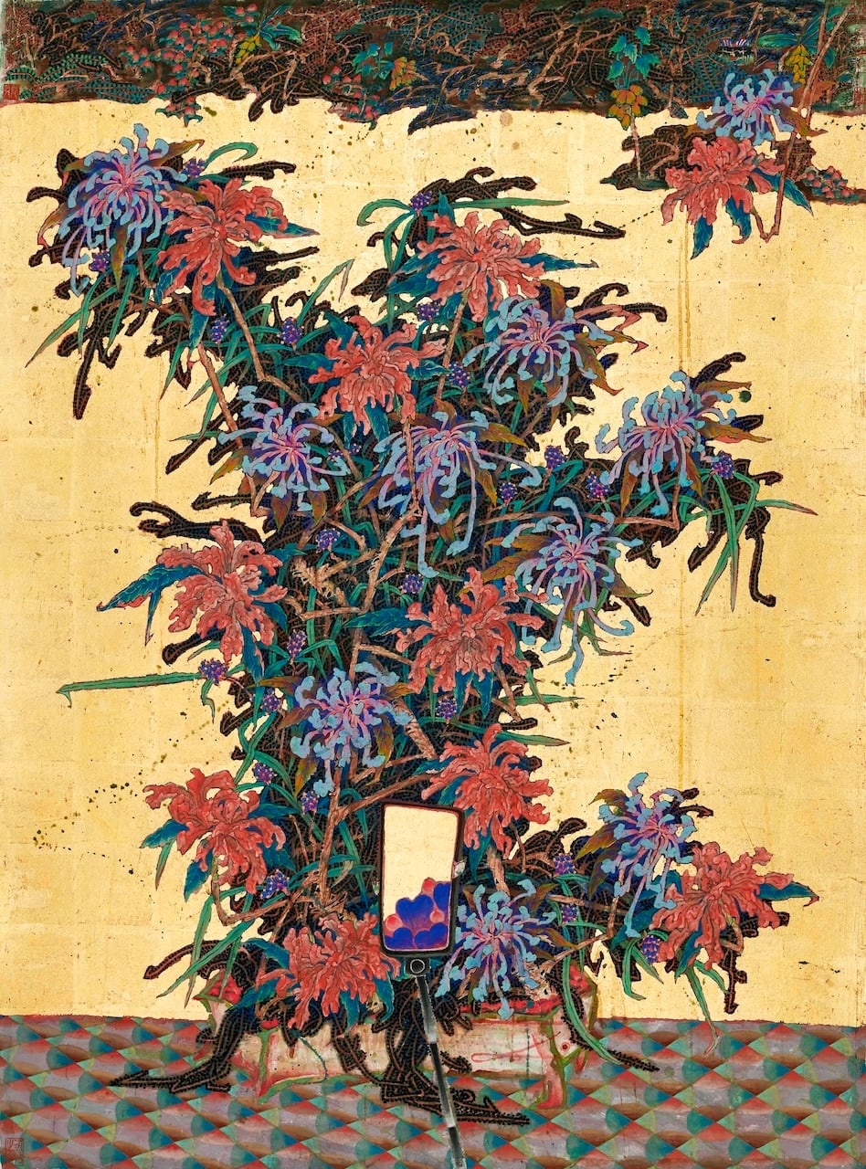 曾霆羽，《海景－當代觀點》，金箔、礦物、紙本設色，128×96.5cm，2024。（若木藝廊提供）