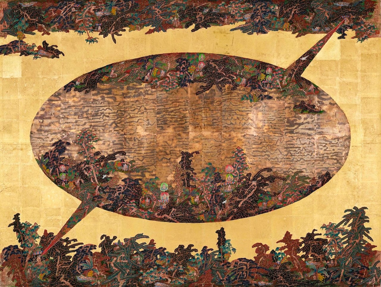 曾霆羽，《桃花源》，金箔、礦物、紙本設色，122.5x162cm，2024。（若木藝廊提供）
