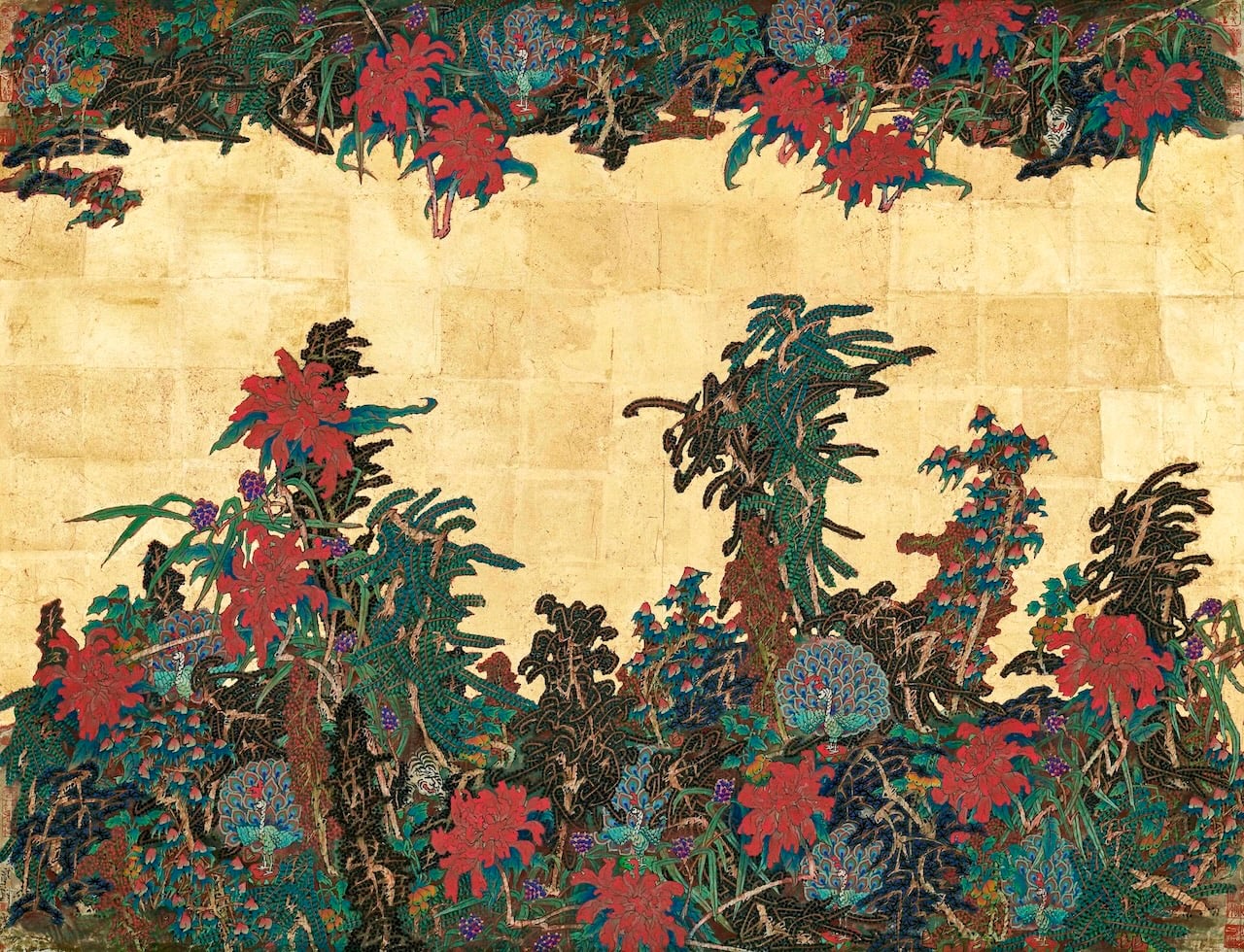 曾霆羽，《雙福開屏》，金箔、礦物、紙本設色，97x126cm，2024。（若木藝廊提供）