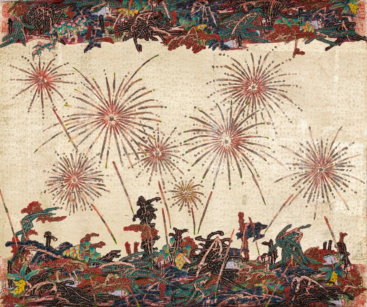 曾霆羽，《人間煙火》，金箔、銅箔、礦物、紙本設色，80.5 x96.5cm，2024。