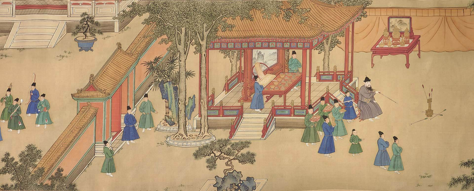 圖1 明 佚名〈明宣宗朱瞻基行樂圖〉局部，絹本設色，36.7×690公分，北京故宮博物院藏。©香港故宮文化博物館