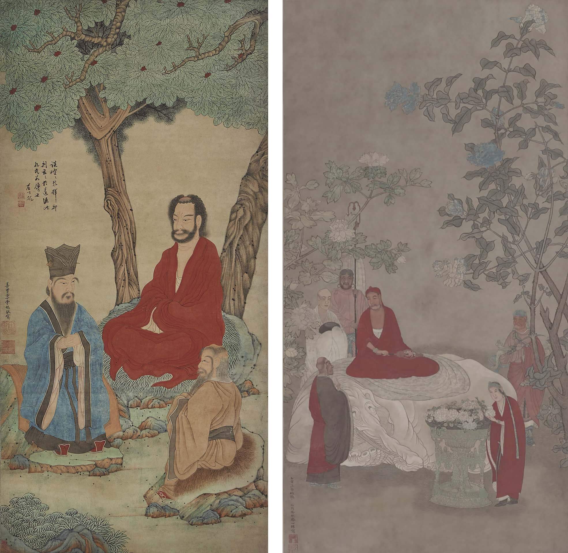 左：圖10 明 丁雲鵬〈三教圖〉，紙本設色，115.6×55.7公分，北京故宮博物院藏。©香港故宮文化博物館右：圖11 明 吳彬1602年作〈佛像〉，紙本設色，127.5×66.2公分，北京故宮博物院藏。©北京故宮博物院