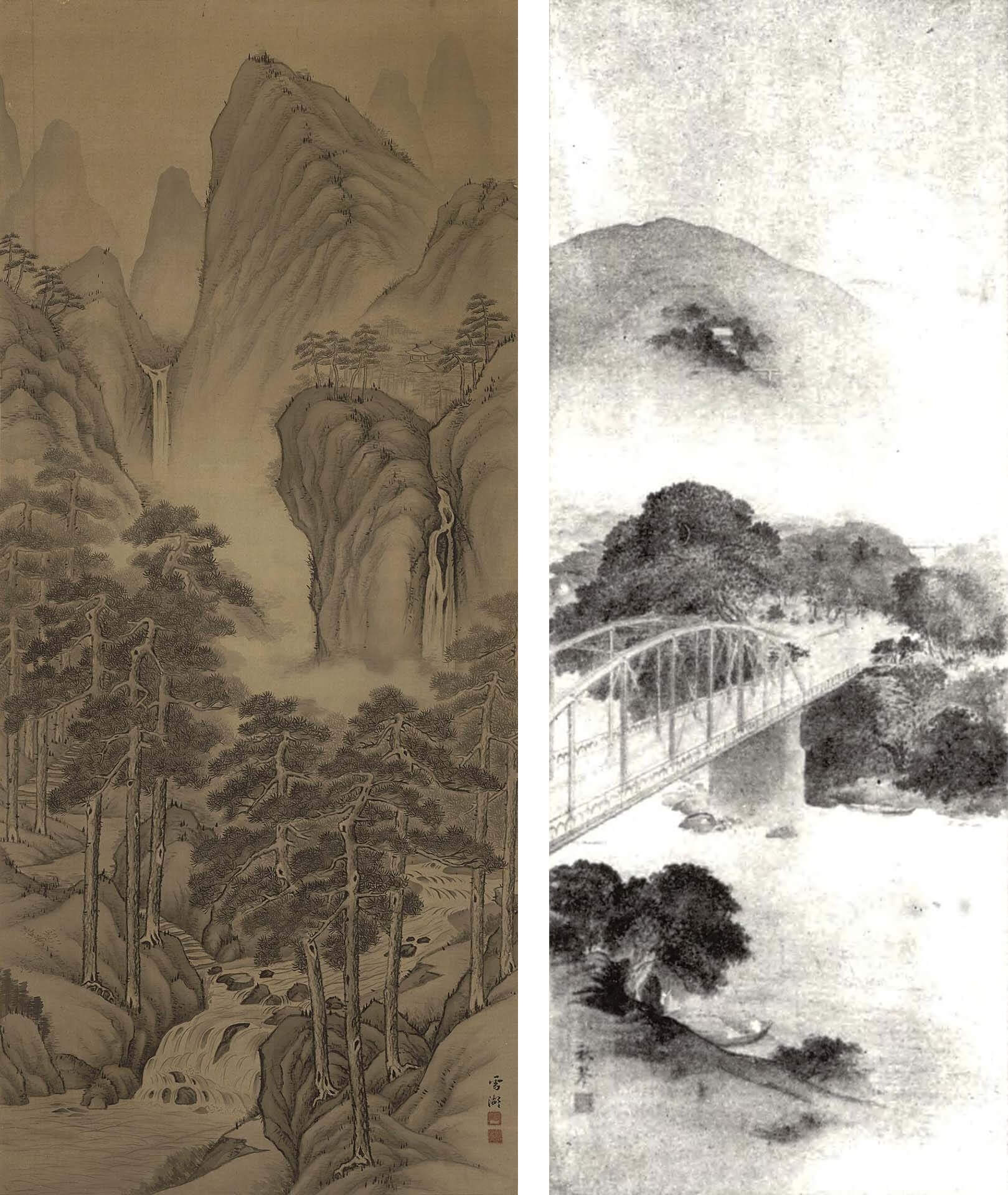 左 圖11 日治時期 郭雪湖1927年作〈松壑飛泉〉，紙本水墨，162×70公分，私人收藏。圖引自《臺府展圖錄復刻別冊》，臺北：藝術家，2020，頁111。右 圖12 日治時期 萩谷秋琴1927年作〈圓山〉。圖取自臺展資料庫。
