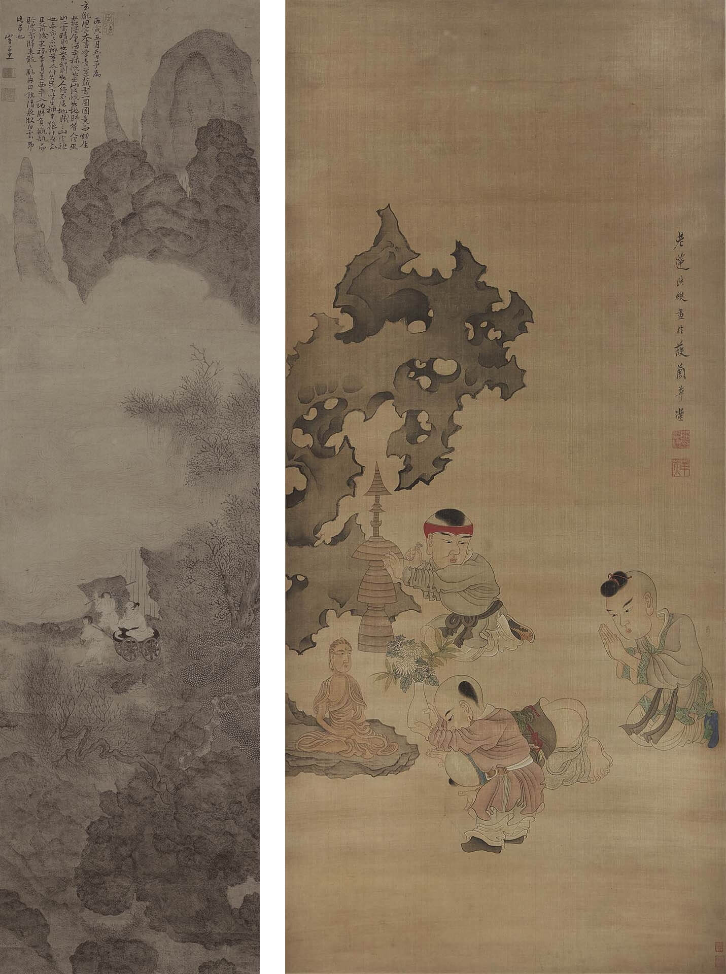 左：圖12 明 崔子忠〈藏雲圖〉，絹本設色，189×50.2公分，北京故宮博物院藏。©北京故宮博物院右：圖13 明 陳洪綬〈童子禮佛圖〉，絹本設色，150×67.3公分，北京故宮博物院藏。©香港故宮文化博物館