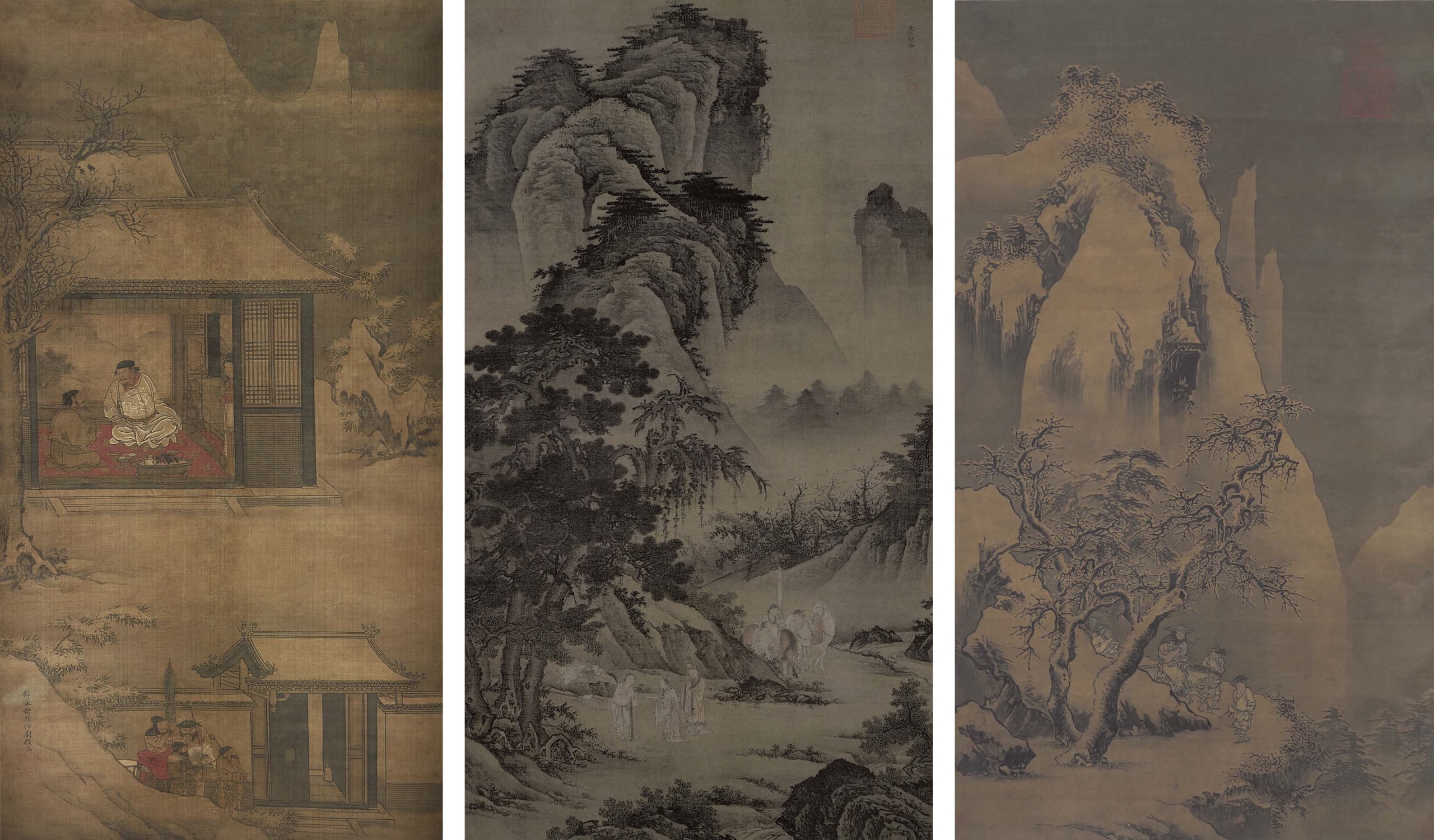 左：圖3 明 劉俊〈雪夜訪普〉，絹本設色，143.2×75公分，北京故宮博物院藏。©香港故宮文化博物館中：圖4 明 倪端〈聘龐圖〉，絹本設色，163.8×92.4公分，北京故宮博物院藏。©北京故宮博物院右：圖5 明 王諤〈踏雪尋梅圖〉，絹本…