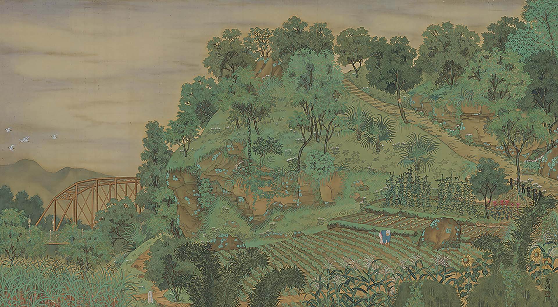 圖8 日治時期 郭雪湖1928年作〈圓山附近〉，絹本膠彩，94.5×188公分，臺北市立美術館藏。圖／臺北市立美術館。