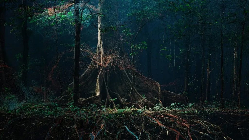 《Breathing with the Forest》為四分鐘長的三聲道視頻裝置，帶有20.2聲道音訊。圖片來源／Marshmallow Laser Feast網站。