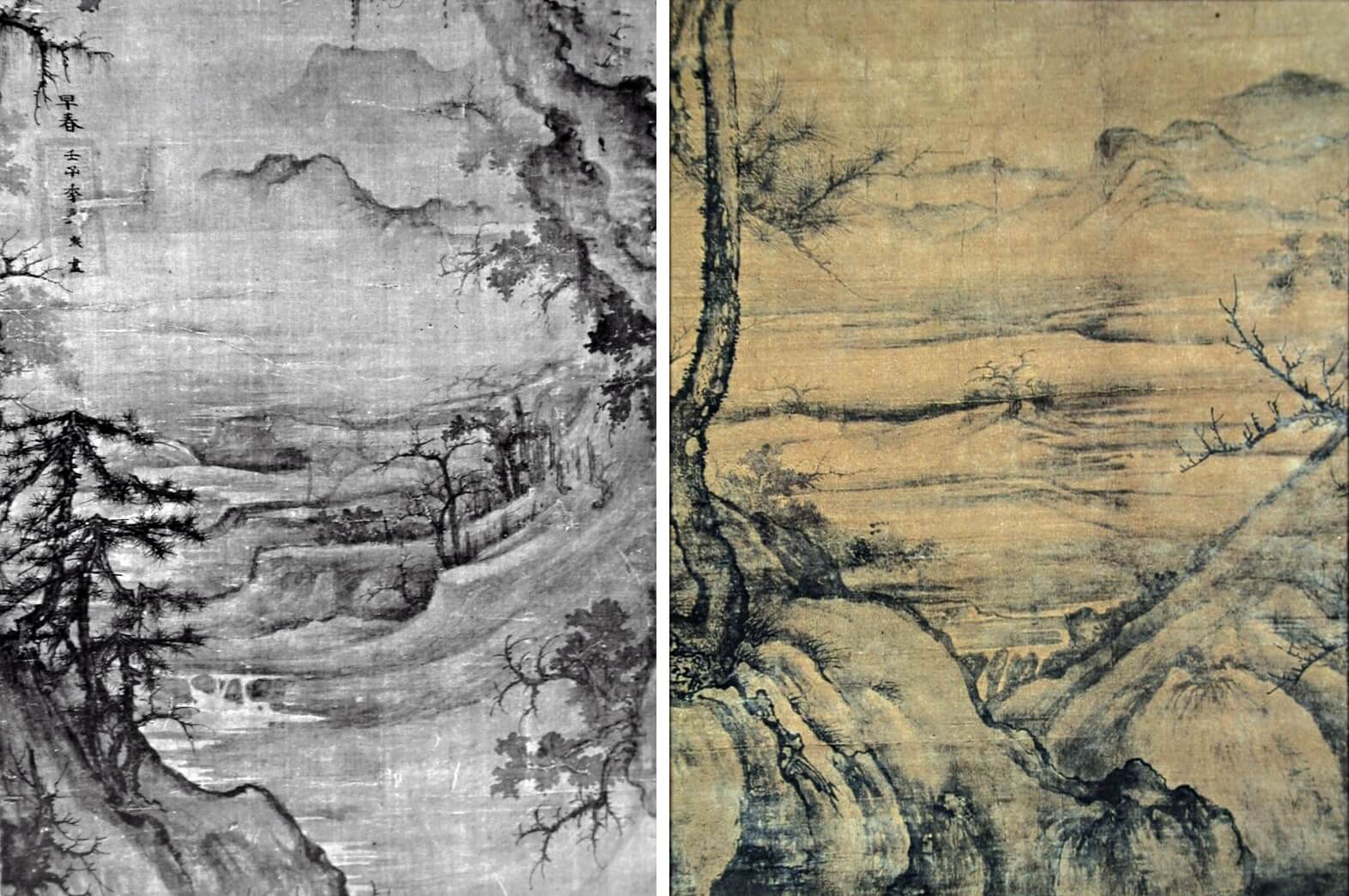 〈早春圖〉左方中央局部平遠及水口手法與〈喬松平遠圖〉（右）手法相同。