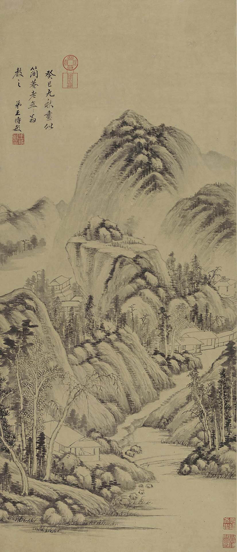 清 王時敏1653年作〈為簡蓭作山水〉，紙本水墨，99×42.5公分，溪客舊廬藏。