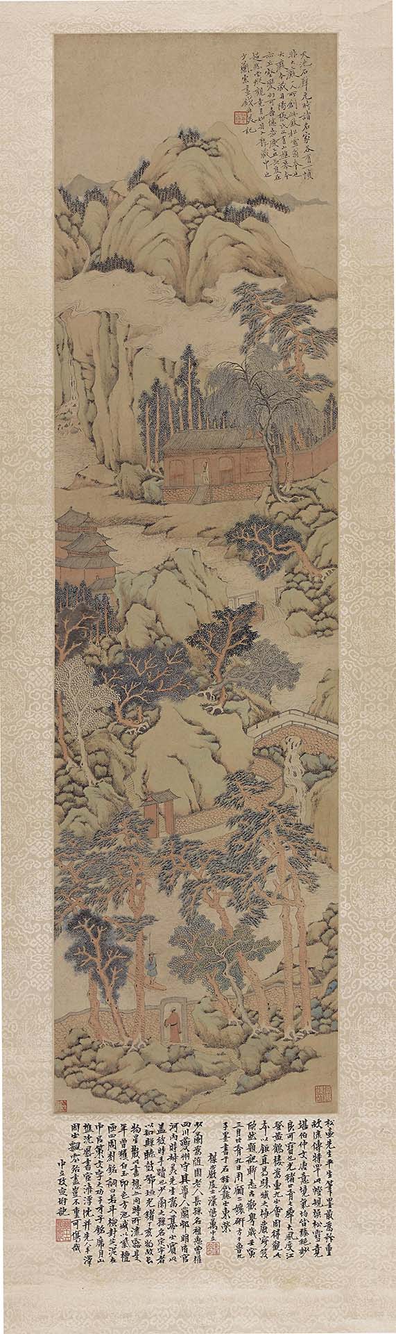 明 錢杜〈天池石壁圖〉，紙本設色，107×28公分，溪客舊廬藏。