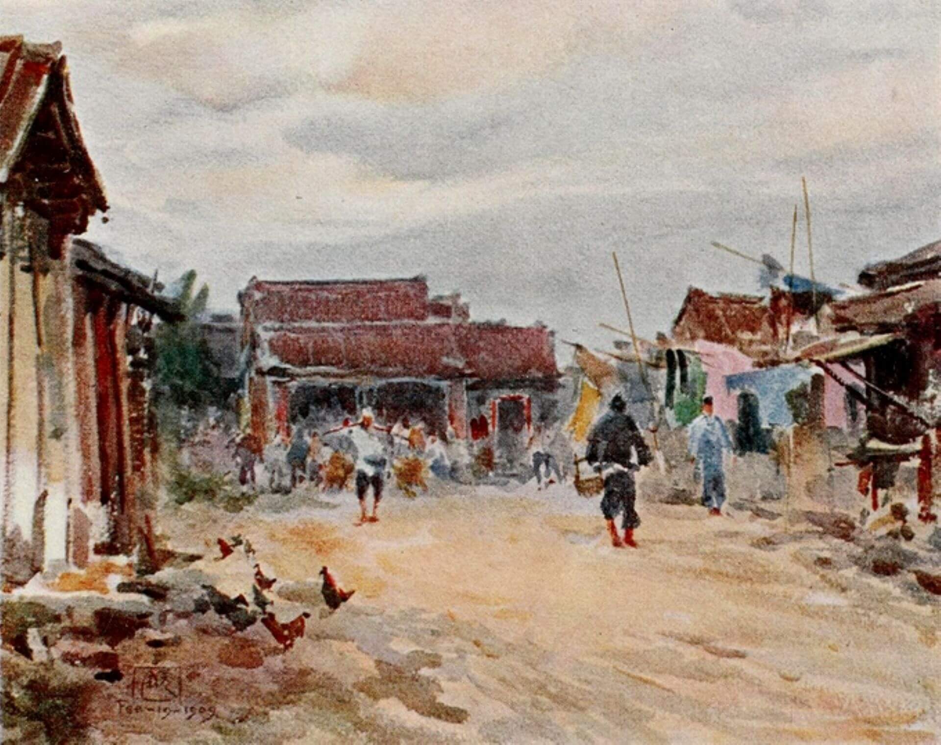 石川欽一郎，《臺灣の町》彩色印刷，1909（《みづゑ》第82號）