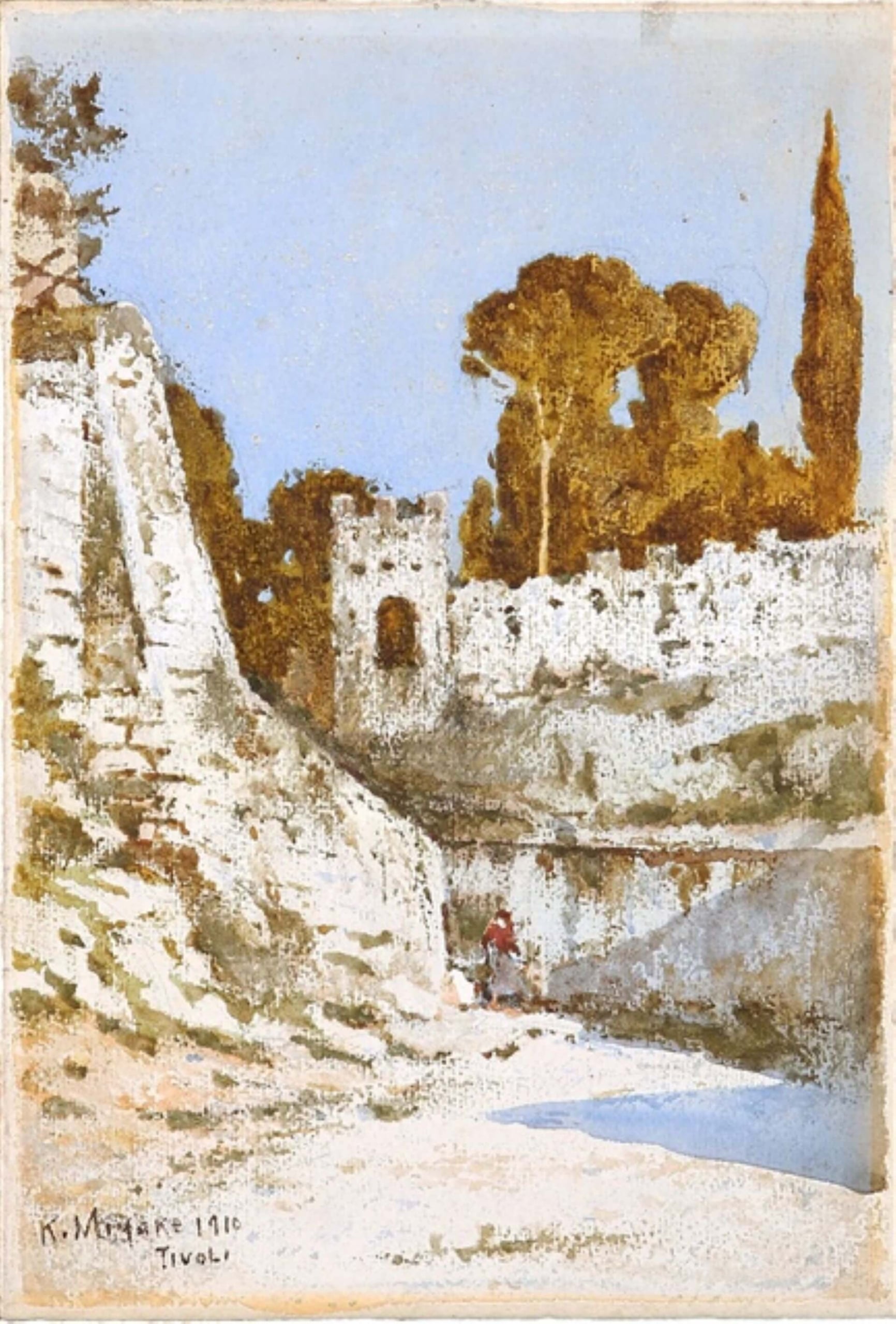 根據臺北市立美術館的典藏資料，這件三宅克己的《蒂沃利風景》完成於1910年，為三宅克己來臺個展前旅歐所做。作品曾由臺北第二中學校的某位美術教師收藏（或許是中村常彥，他也是本文後面介紹到的李揚波的老師），戰後送給學生吳金河，由其子東海大學吳超…