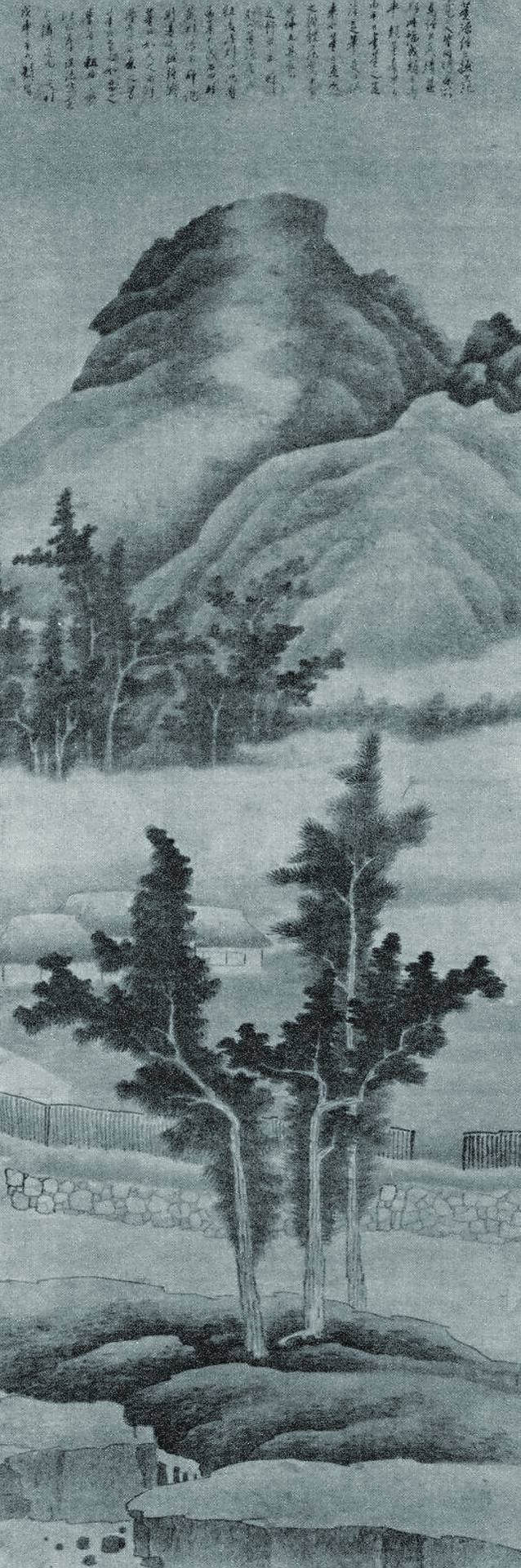 龔賢1668年作品〈山水圖〉軸，墨筆絹本，158× 54.5厘米，The Roy and Marilyn Papp Collection，Phoenix Art Museum。圖片取自Claudia Brown，《Heritage of t…